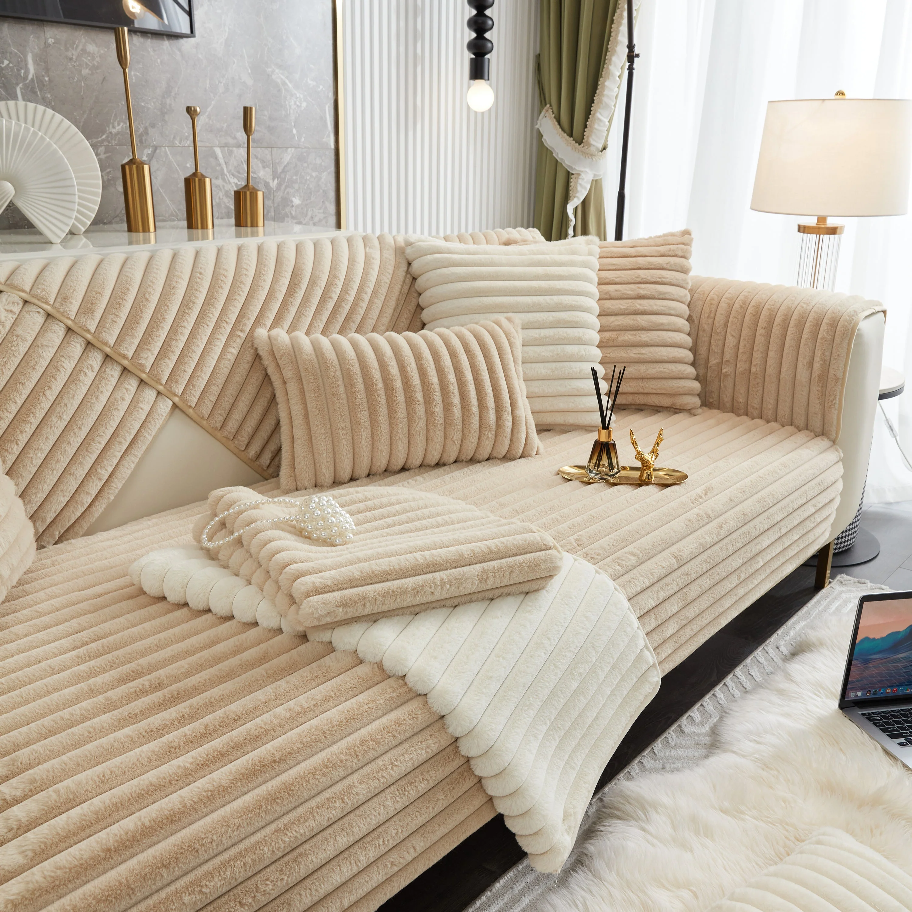 Winter Thickened Rabbit Plush Non-slip Sofa Cushion, Faux Fur Fluffy Furniture Protector - Image 46