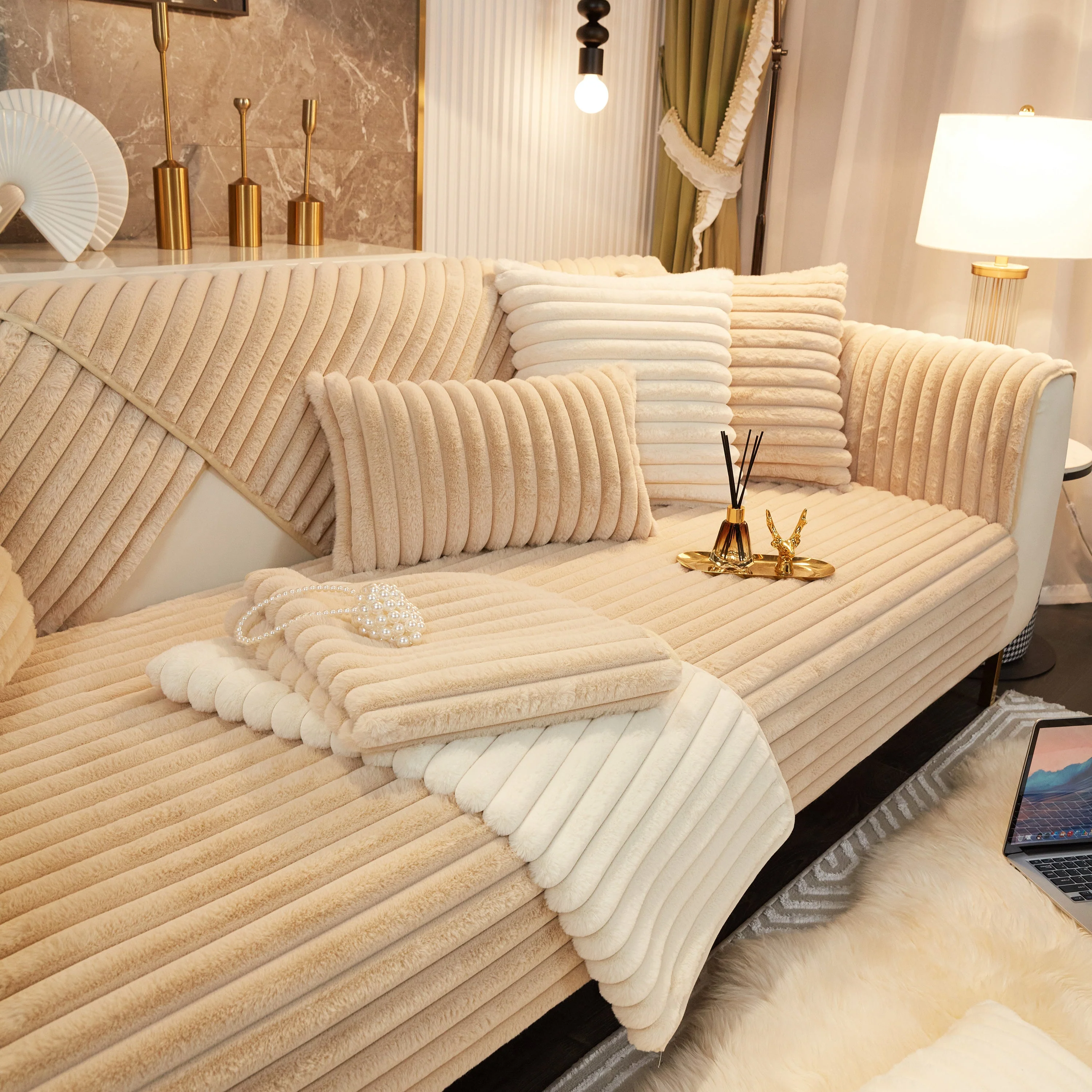 Winter Thickened Rabbit Plush Non-slip Sofa Cushion, Faux Fur Fluffy Furniture Protector - Image 47