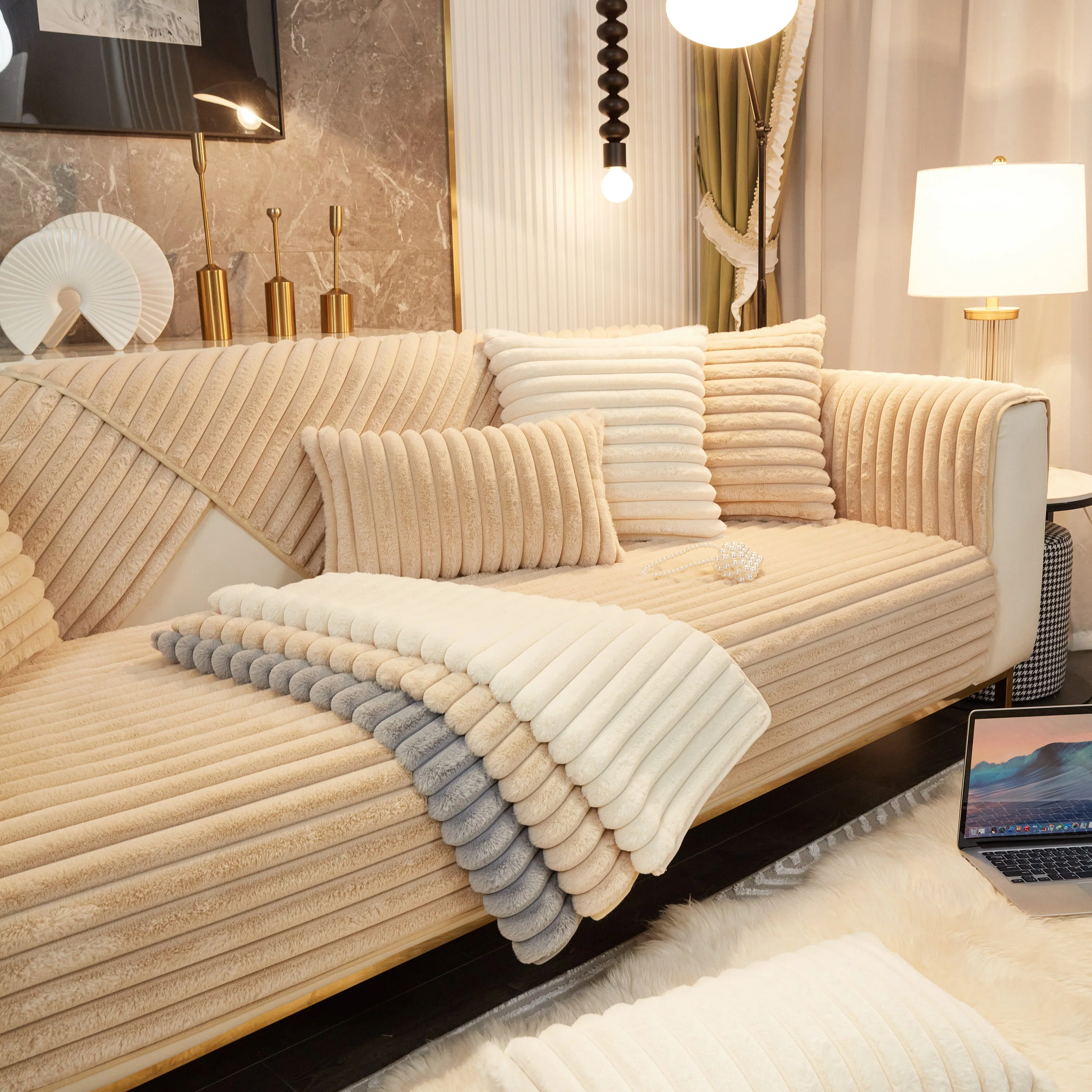 Winter Thickened Rabbit Plush Non-slip Sofa Cushion, Faux Fur Fluffy Furniture Protector - Image 49