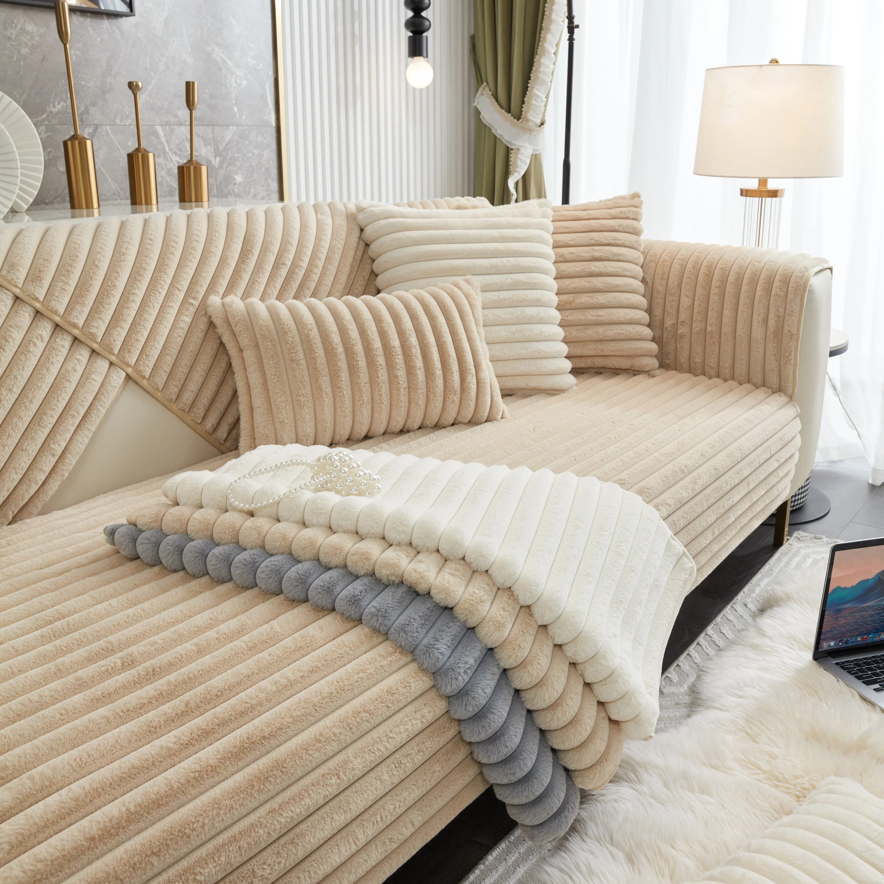 Winter Thickened Rabbit Plush Non-slip Sofa Cushion, Faux Fur Fluffy Furniture Protector - Image 51