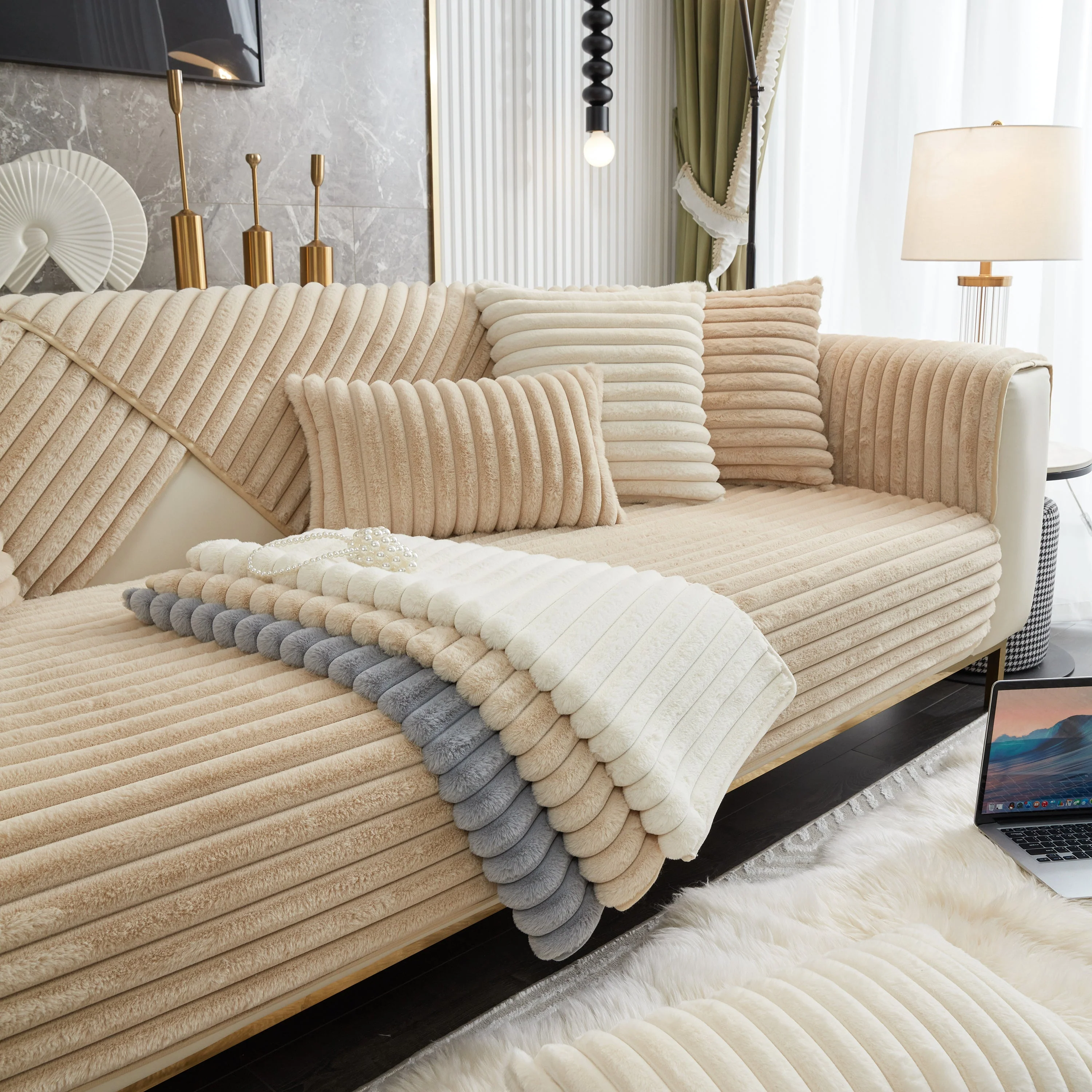 Winter Thickened Rabbit Plush Non-slip Sofa Cushion, Faux Fur Fluffy Furniture Protector - Image 52