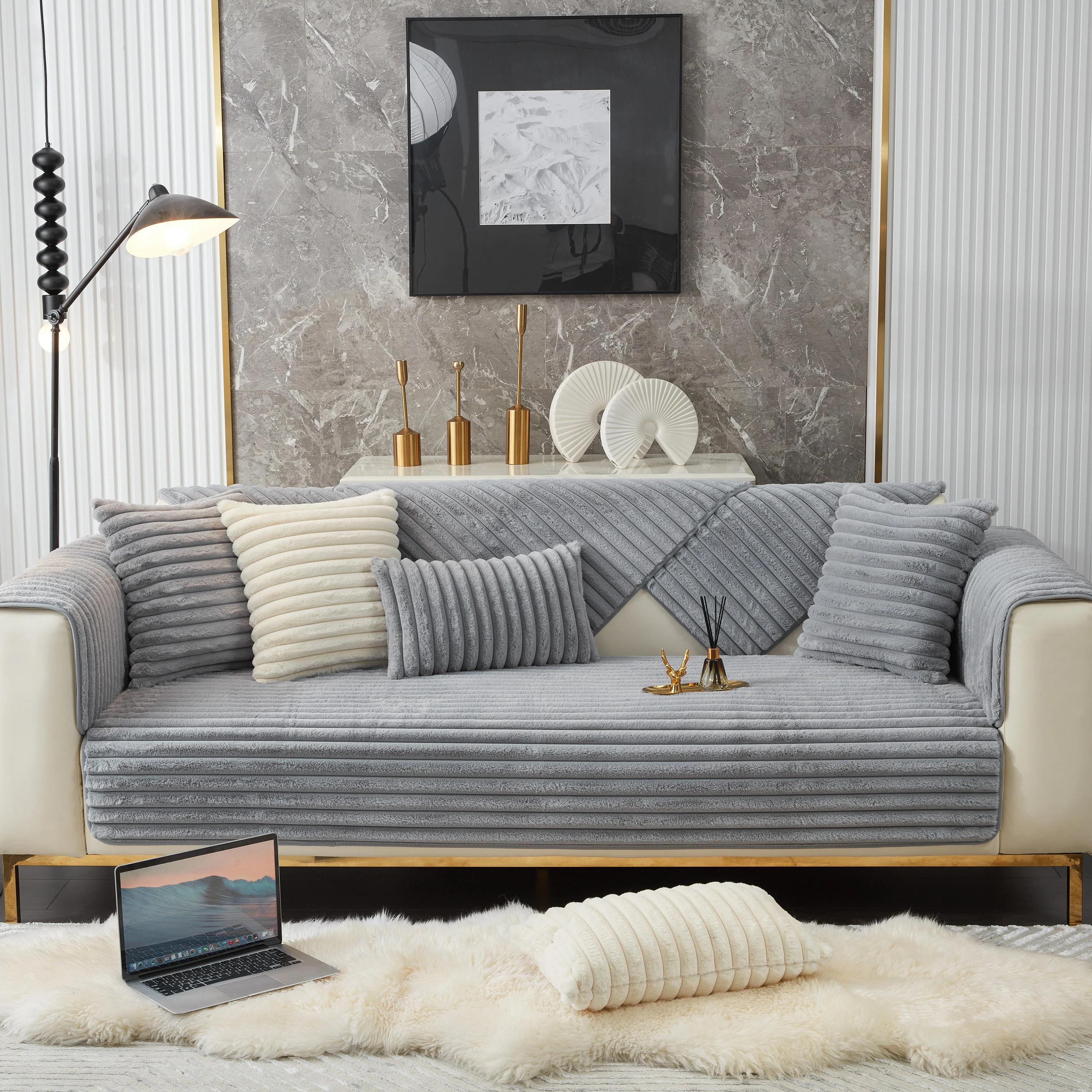 Winter Thickened Rabbit Plush Non-slip Sofa Cushion, Faux Fur Fluffy Furniture Protector - Image 61