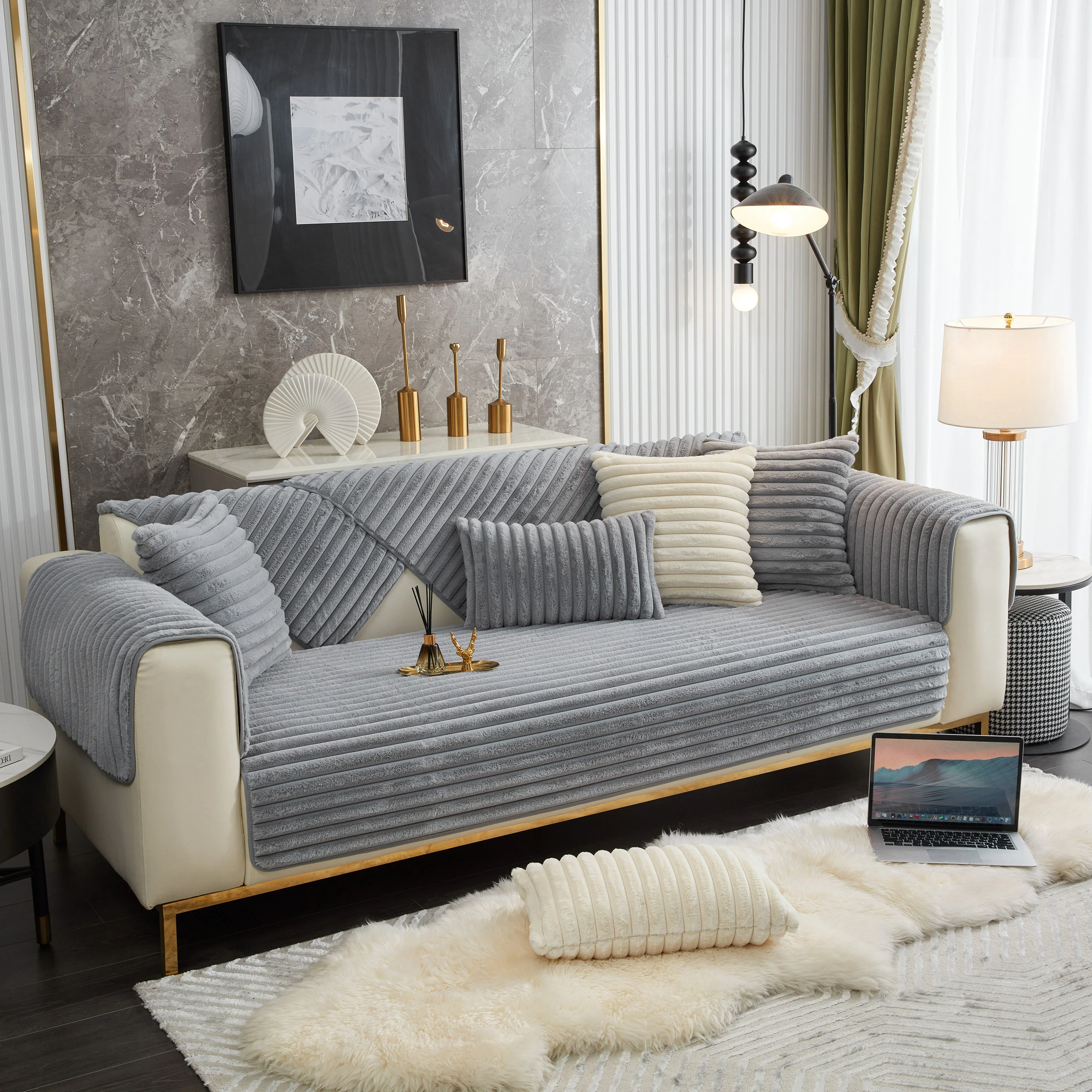 Winter Thickened Rabbit Plush Non-slip Sofa Cushion, Faux Fur Fluffy Furniture Protector - Image 62