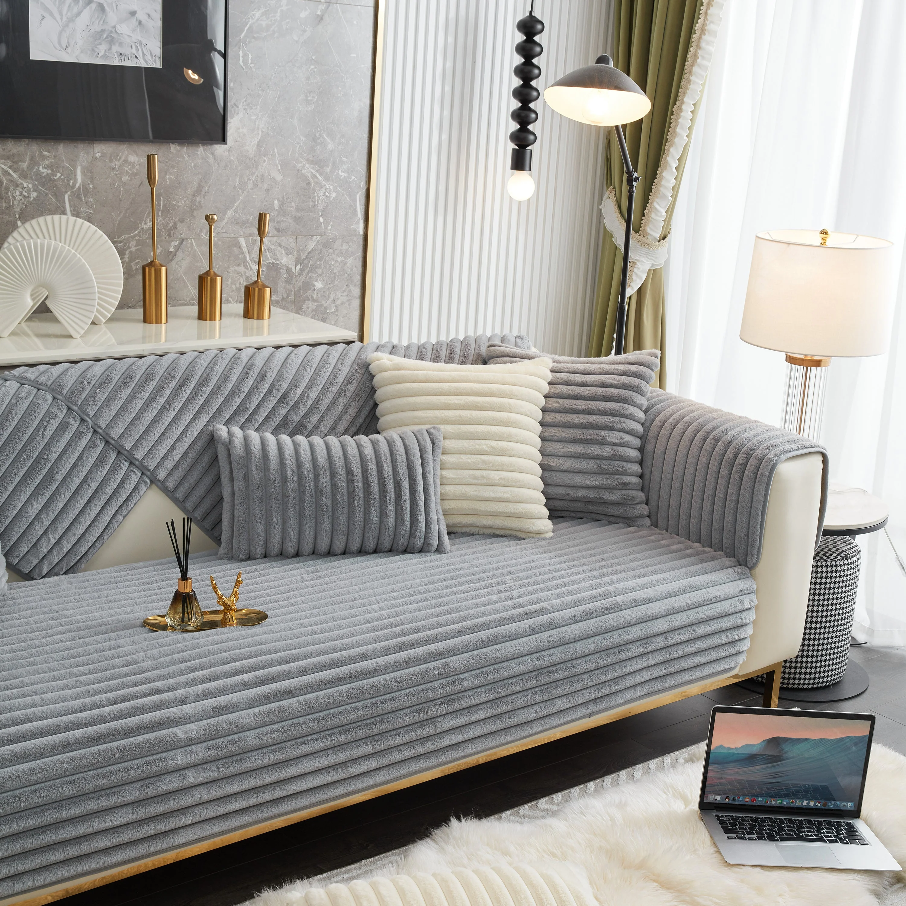 Winter Thickened Rabbit Plush Non-slip Sofa Cushion, Faux Fur Fluffy Furniture Protector - Image 63