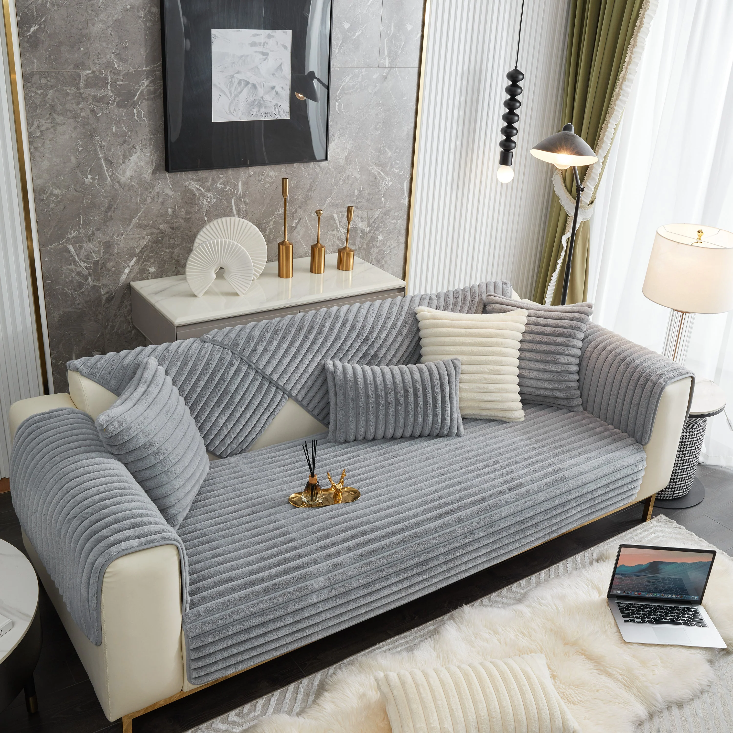 Winter Thickened Rabbit Plush Non-slip Sofa Cushion, Faux Fur Fluffy Furniture Protector - Image 64