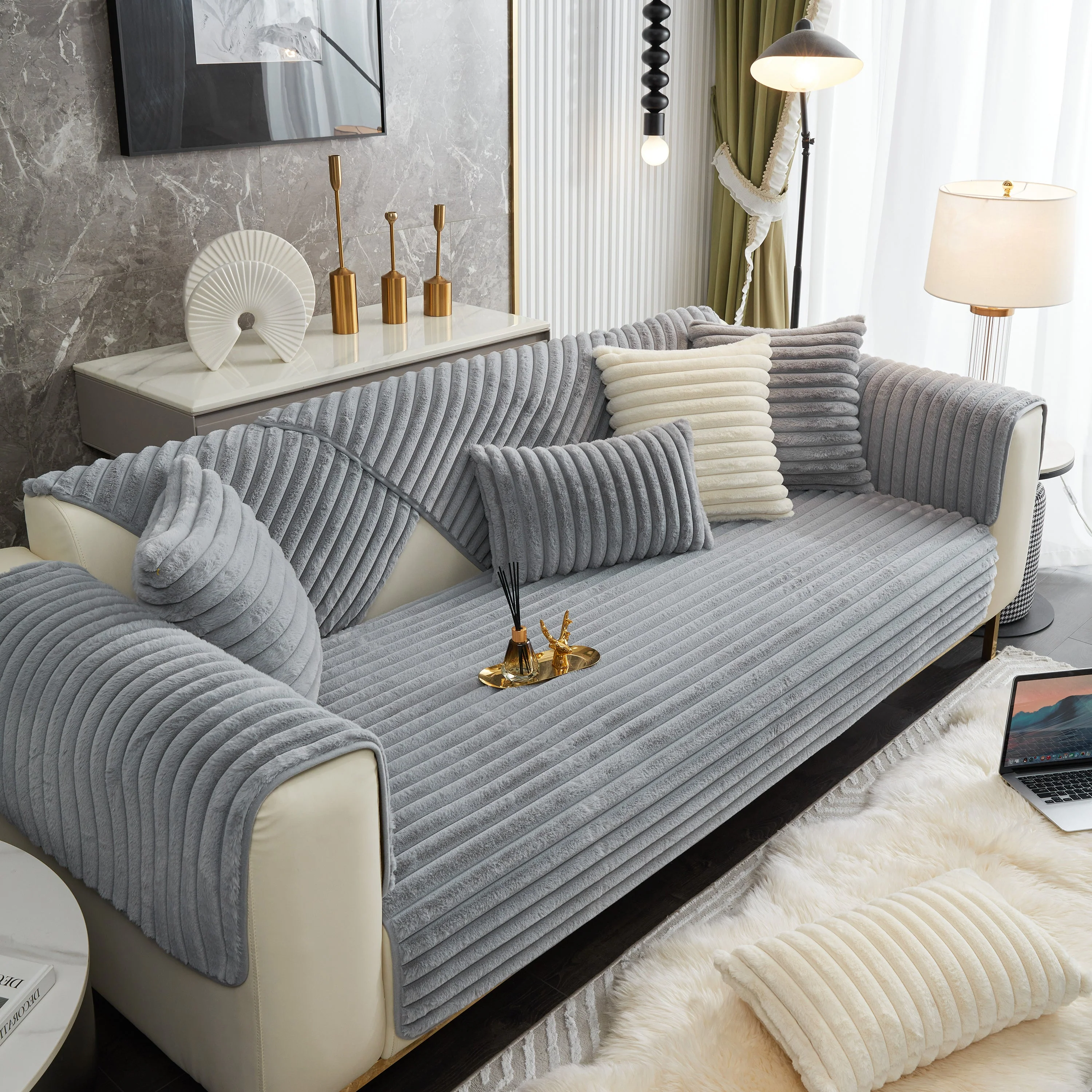 Winter Thickened Rabbit Plush Non-slip Sofa Cushion, Faux Fur Fluffy Furniture Protector - Image 65