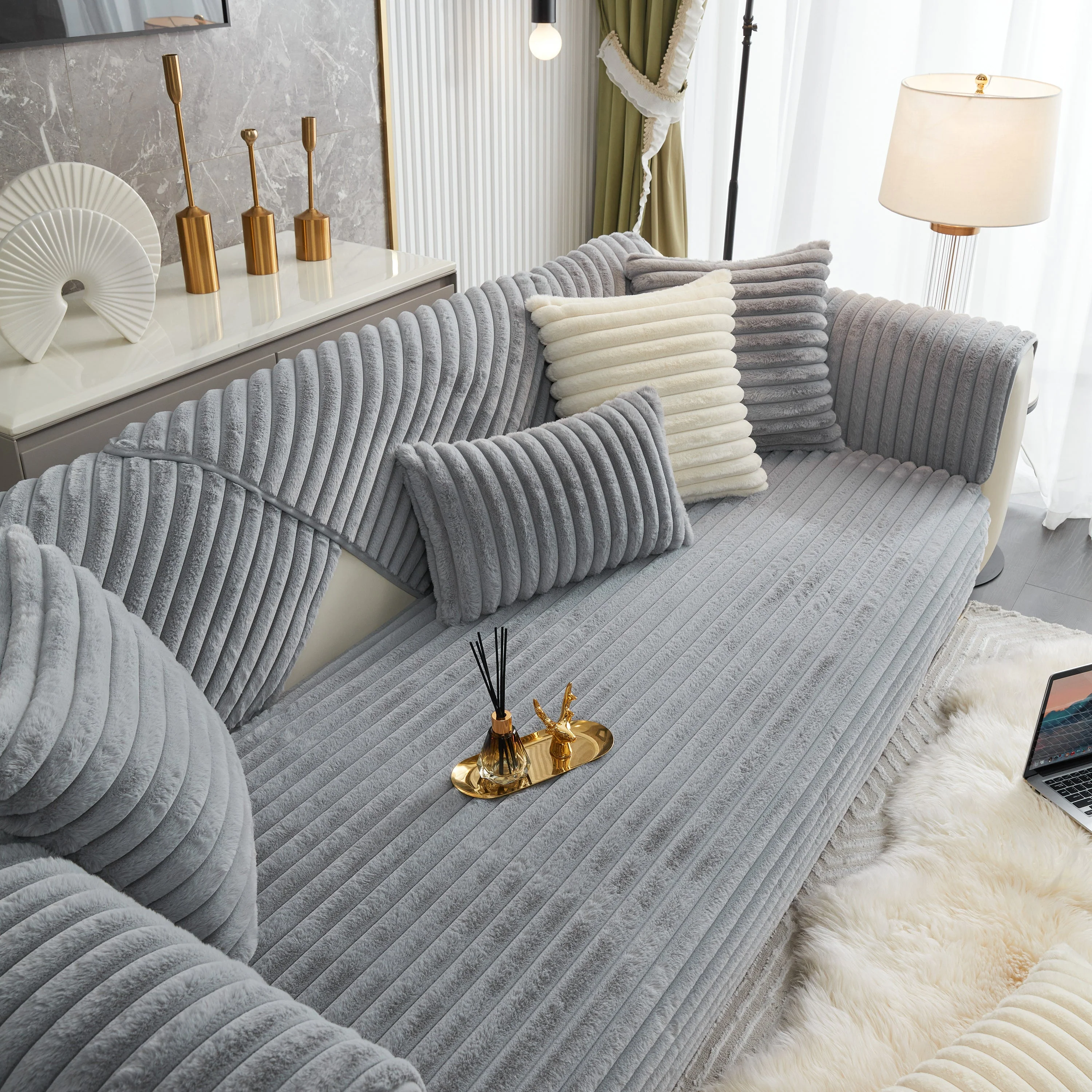 Winter Thickened Rabbit Plush Non-slip Sofa Cushion, Faux Fur Fluffy Furniture Protector - Image 66