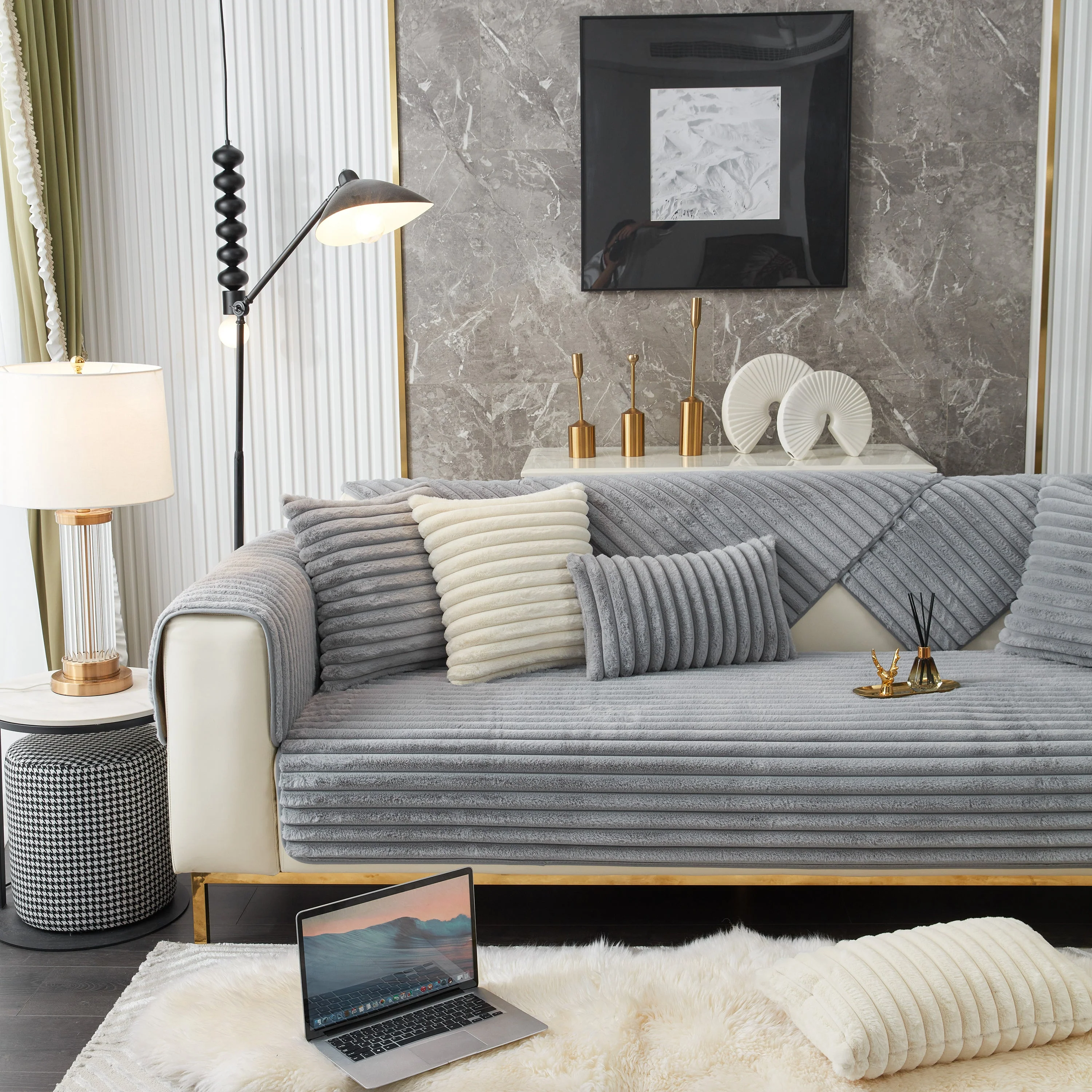 Winter Thickened Rabbit Plush Non-slip Sofa Cushion, Faux Fur Fluffy Furniture Protector - Image 73