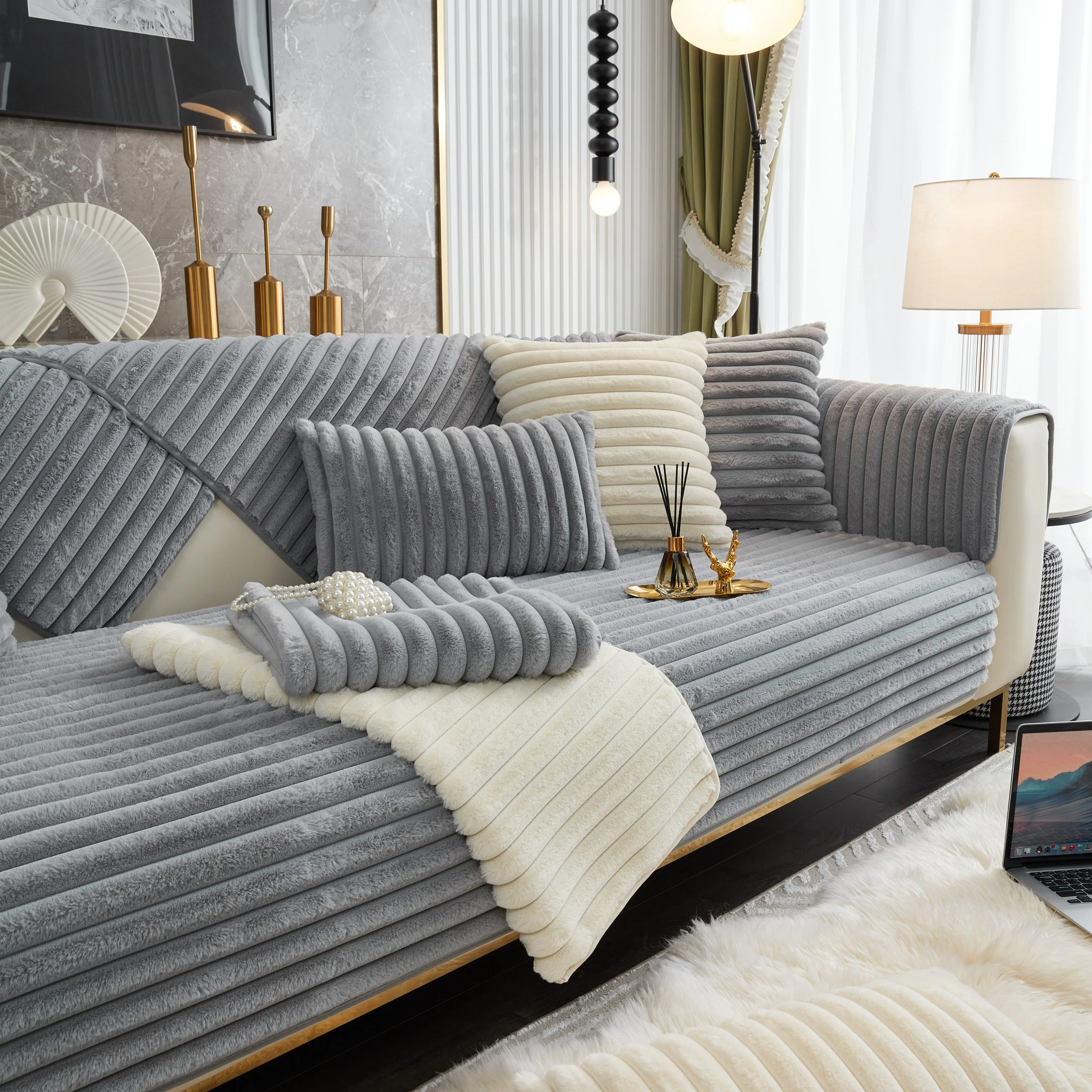 Winter Thickened Rabbit Plush Non-slip Sofa Cushion, Faux Fur Fluffy Furniture Protector - Image 76