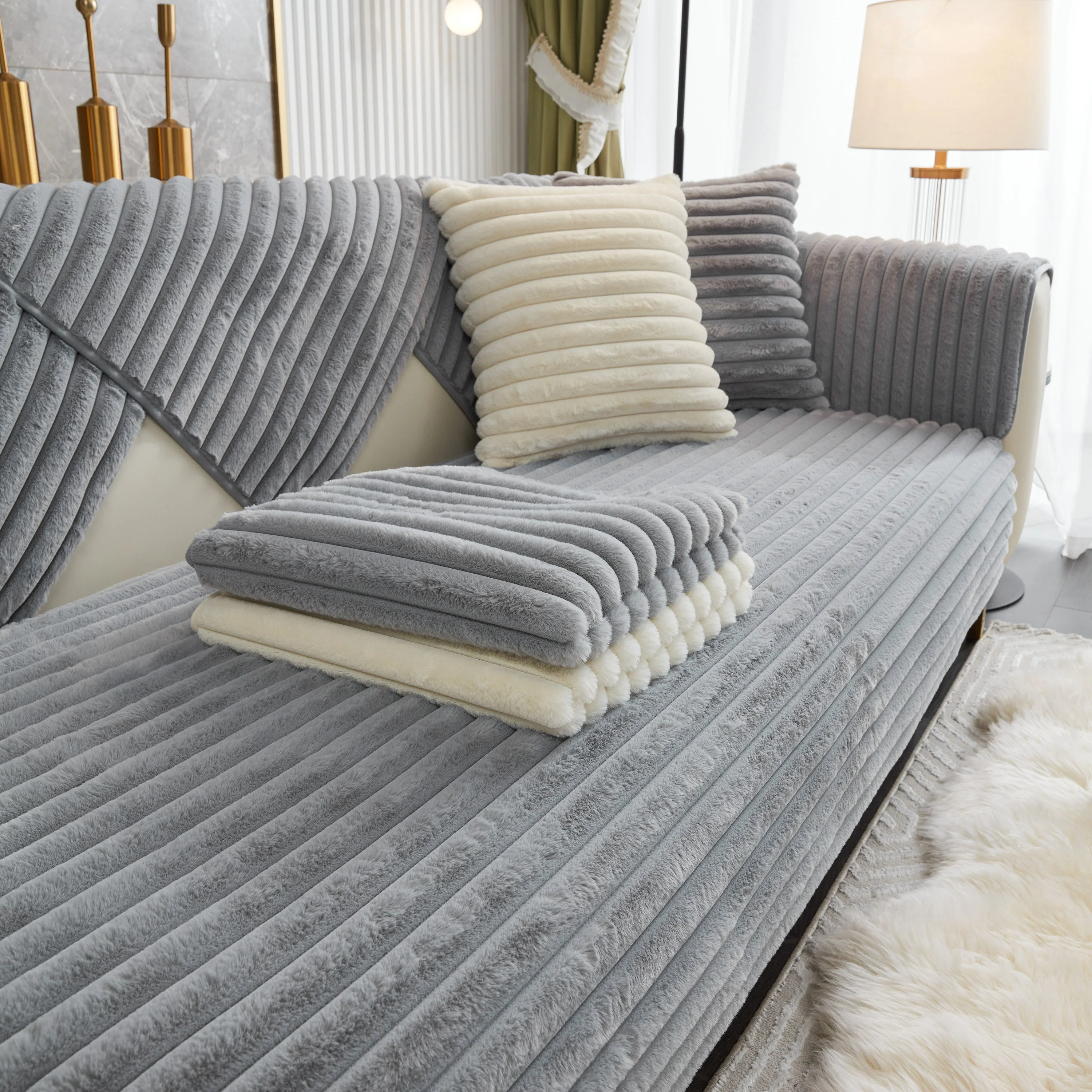 Winter Thickened Rabbit Plush Non-slip Sofa Cushion, Faux Fur Fluffy Furniture Protector - Image 79