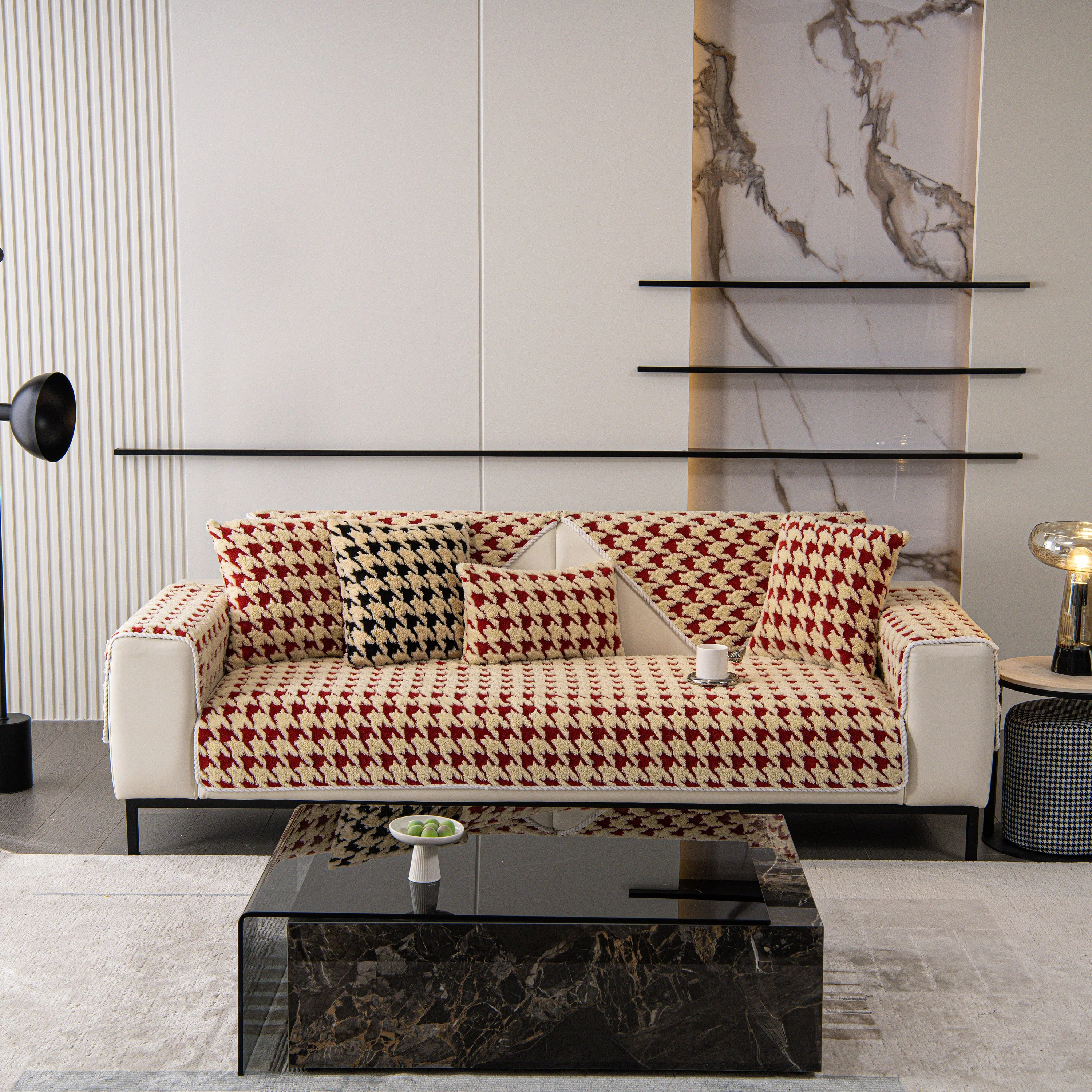 Winter Thickened Sherpa Fleece Houndstooth Sofa Cushion, Non-slip Sofa Cover with Plush - Image 12