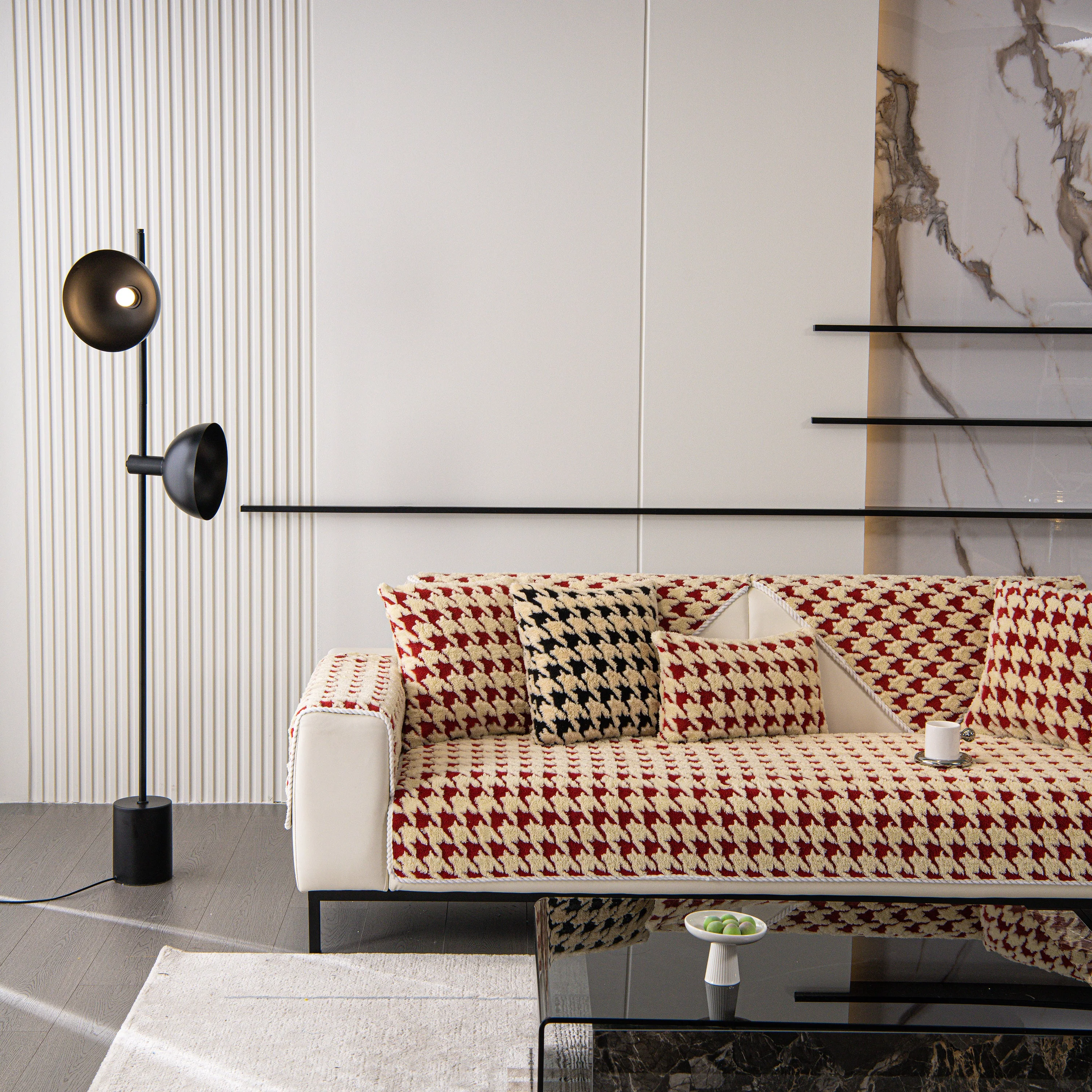 Winter Thickened Sherpa Fleece Houndstooth Sofa Cushion, Non-slip Sofa Cover with Plush - Image 13