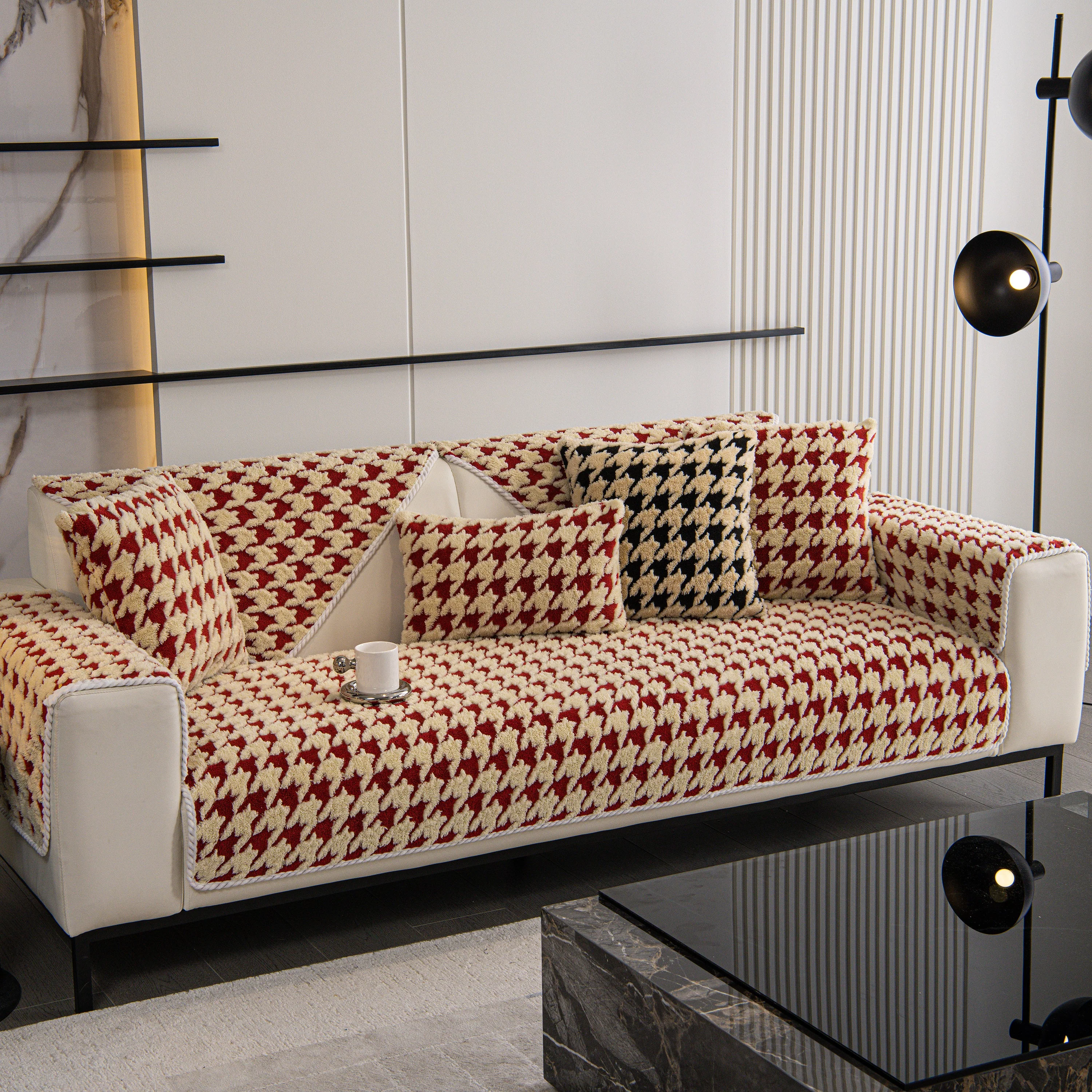 Winter Thickened Sherpa Fleece Houndstooth Sofa Cushion, Non-slip Sofa Cover with Plush - Image 14