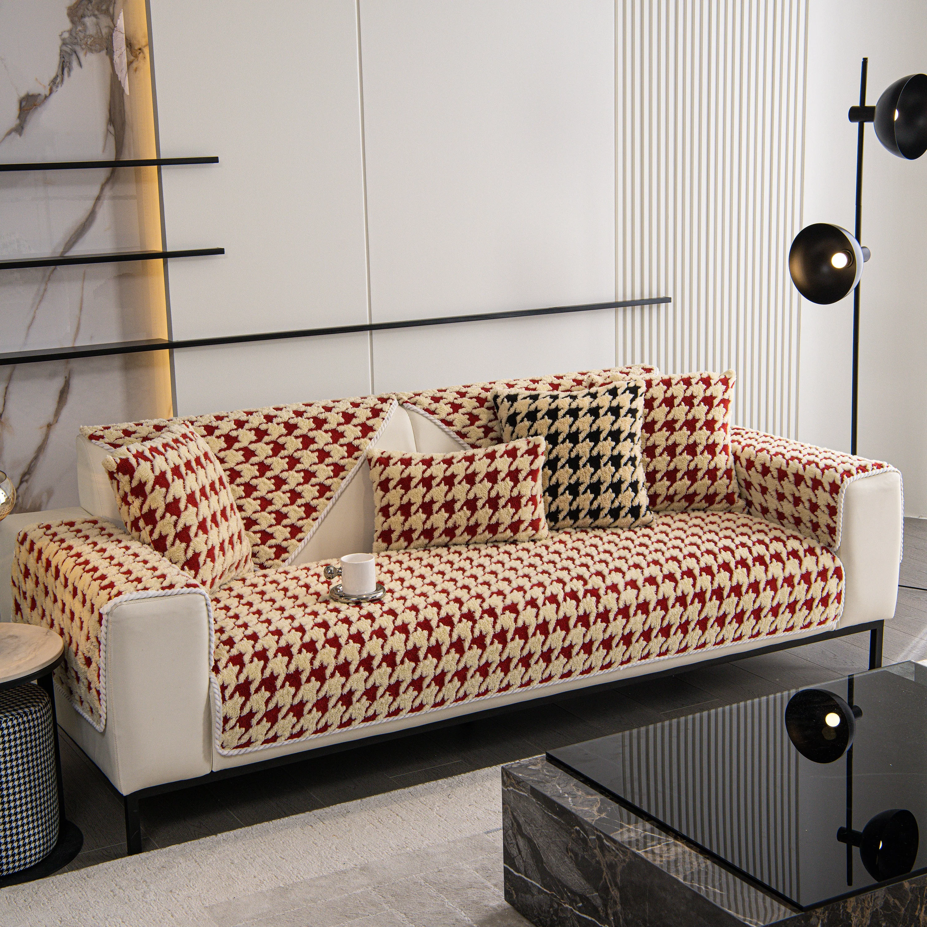 Winter Thickened Sherpa Fleece Houndstooth Sofa Cushion, Non-slip Sofa Cover with Plush - Image 15