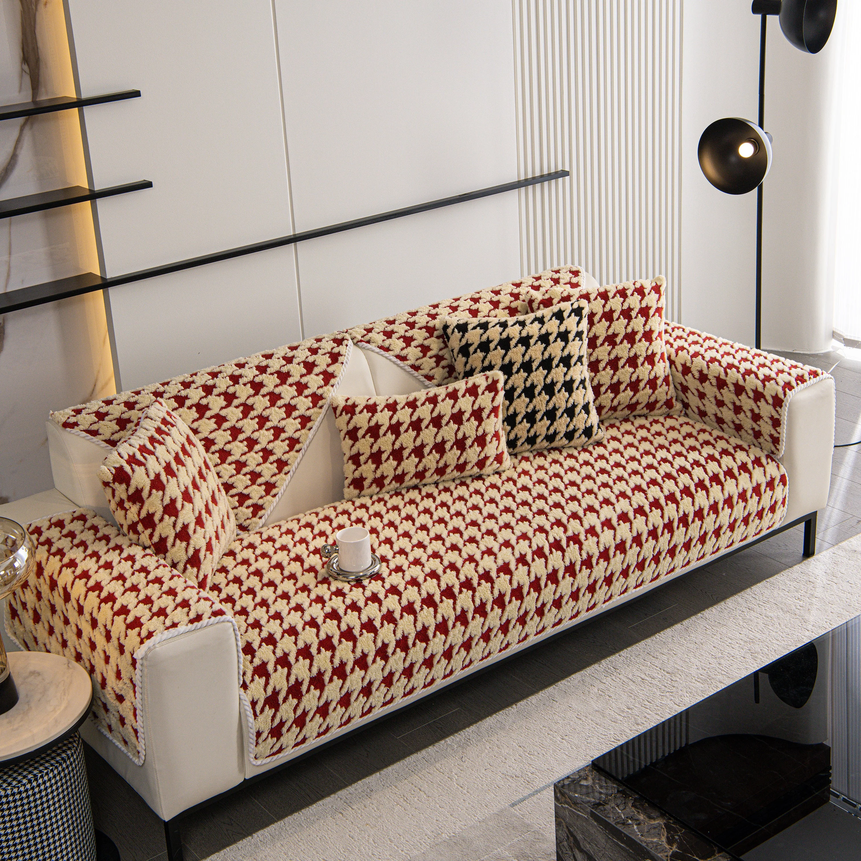Winter Thickened Sherpa Fleece Houndstooth Sofa Cushion, Non-slip Sofa Cover with Plush - Image 16