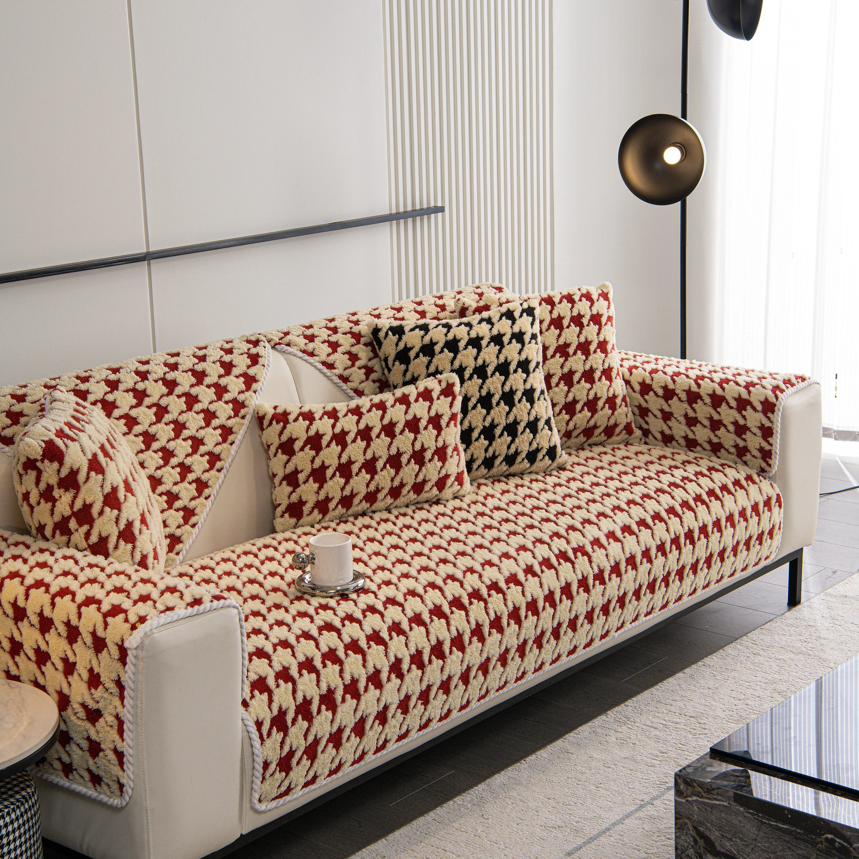 Winter Thickened Sherpa Fleece Houndstooth Sofa Cushion, Non-slip Sofa Cover with Plush - Image 17