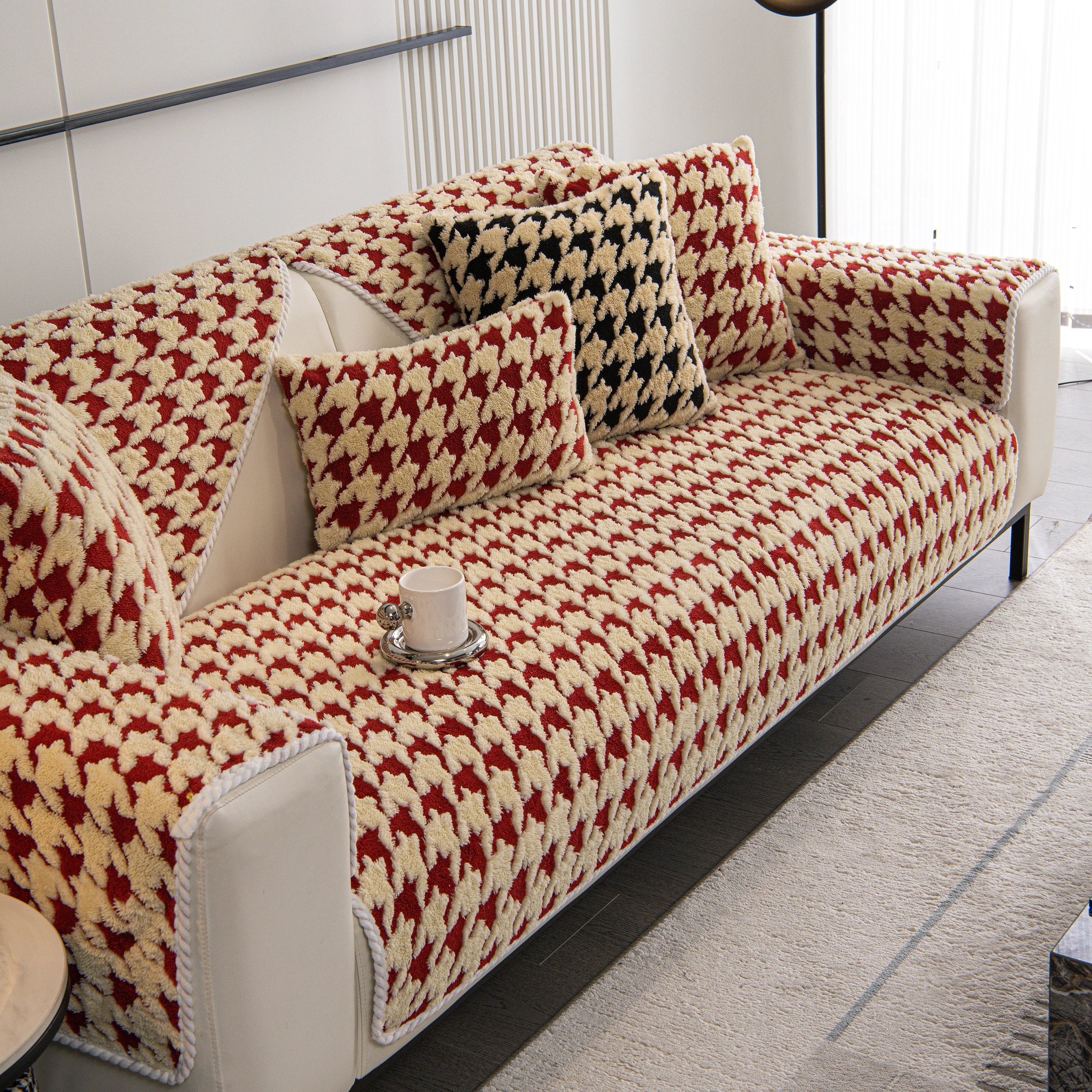 Winter Thickened Sherpa Fleece Houndstooth Sofa Cushion, Non-slip Sofa Cover with Plush - Image 18