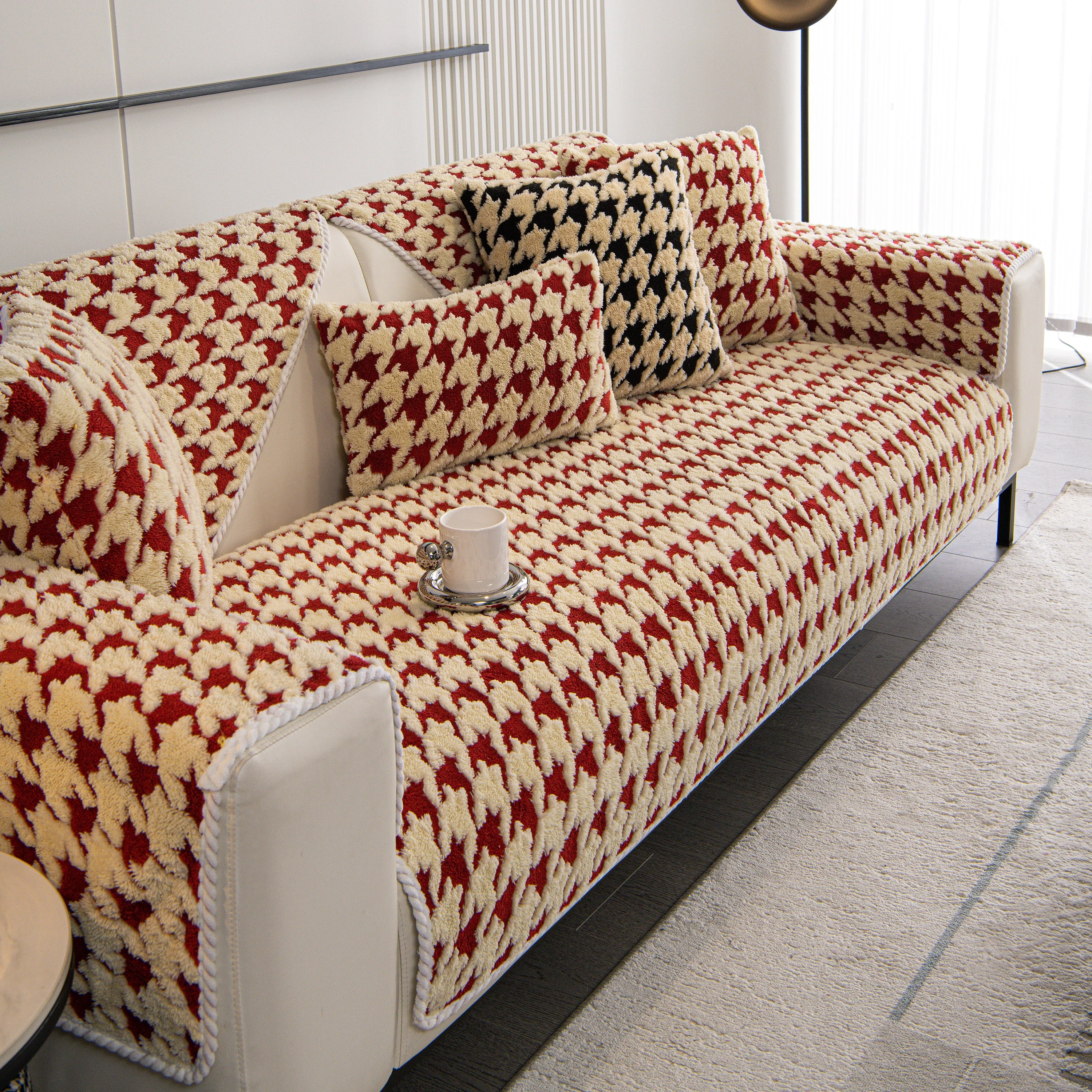Winter Thickened Sherpa Fleece Houndstooth Sofa Cushion, Non-slip Sofa Cover with Plush - Image 19