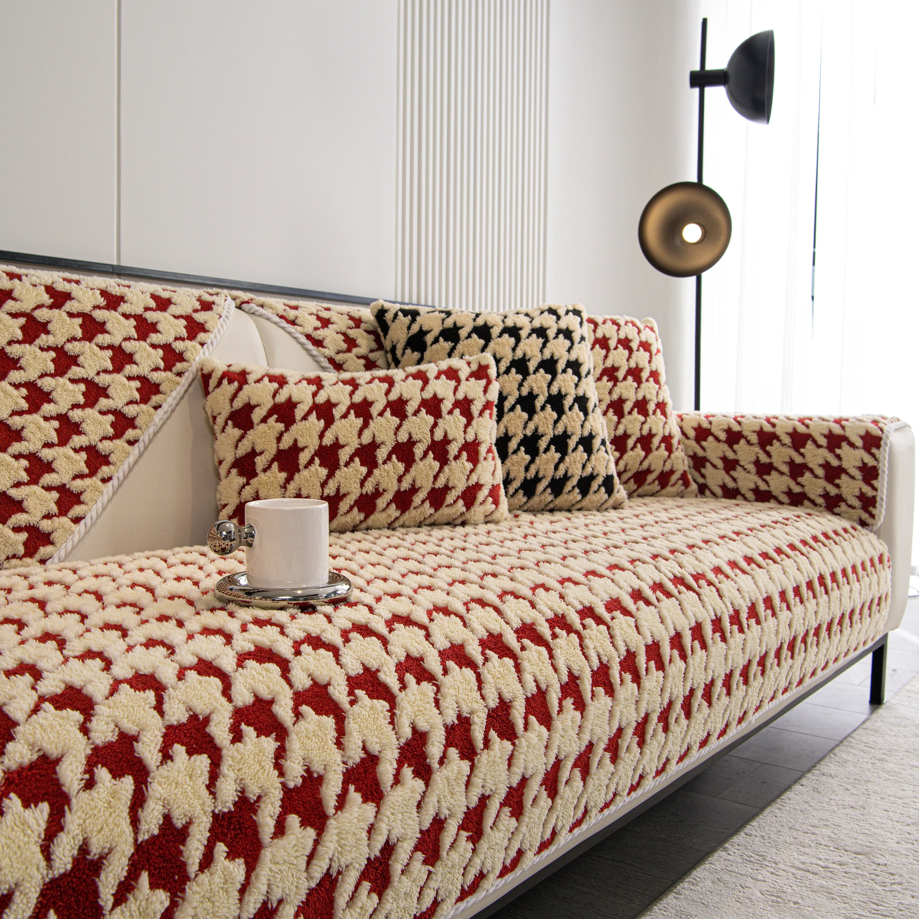 Winter Thickened Sherpa Fleece Houndstooth Sofa Cushion, Non-slip Sofa Cover with Plush - Image 23