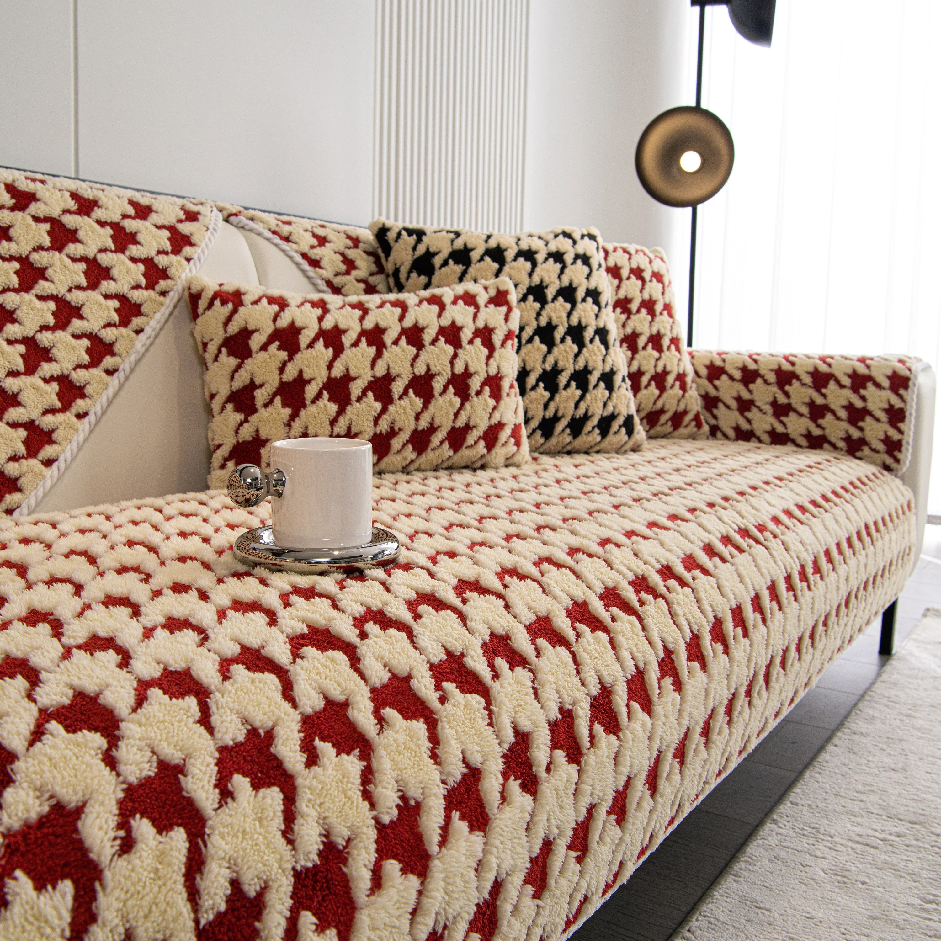 Winter Thickened Sherpa Fleece Houndstooth Sofa Cushion, Non-slip Sofa Cover with Plush - Image 24