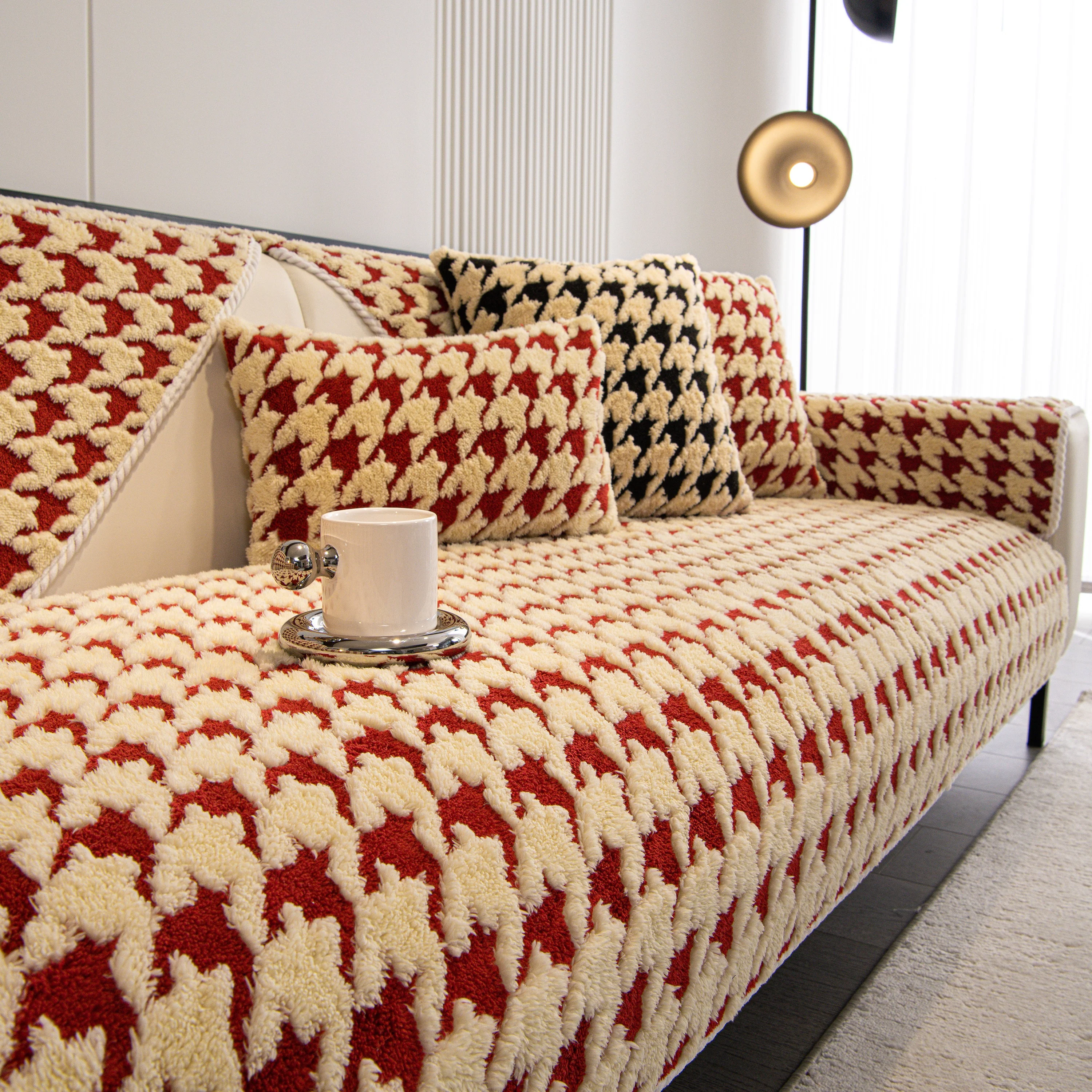 Winter Thickened Sherpa Fleece Houndstooth Sofa Cushion, Non-slip Sofa Cover with Plush - Image 25
