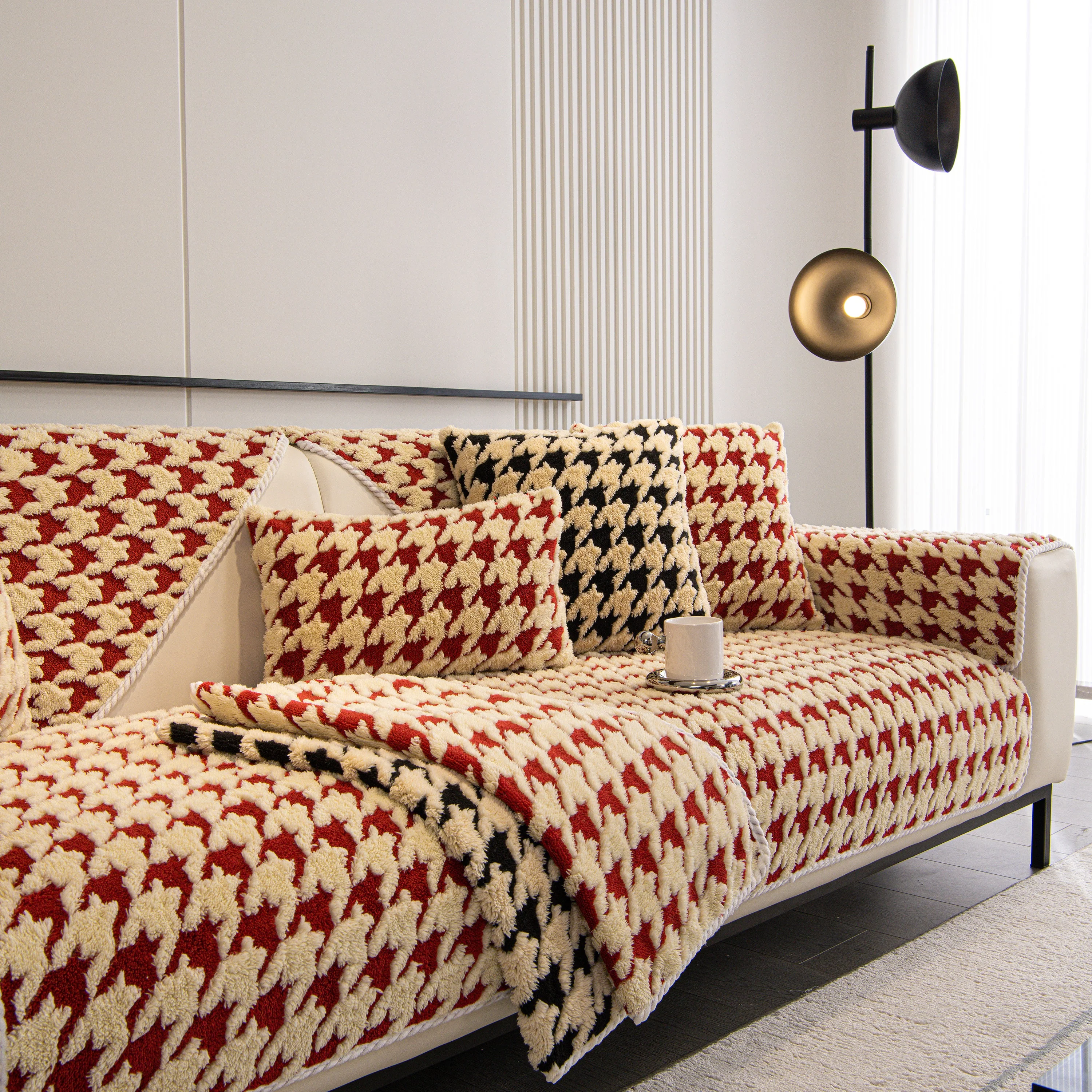 Winter Thickened Sherpa Fleece Houndstooth Sofa Cushion, Non-slip Sofa Cover with Plush - Image 27