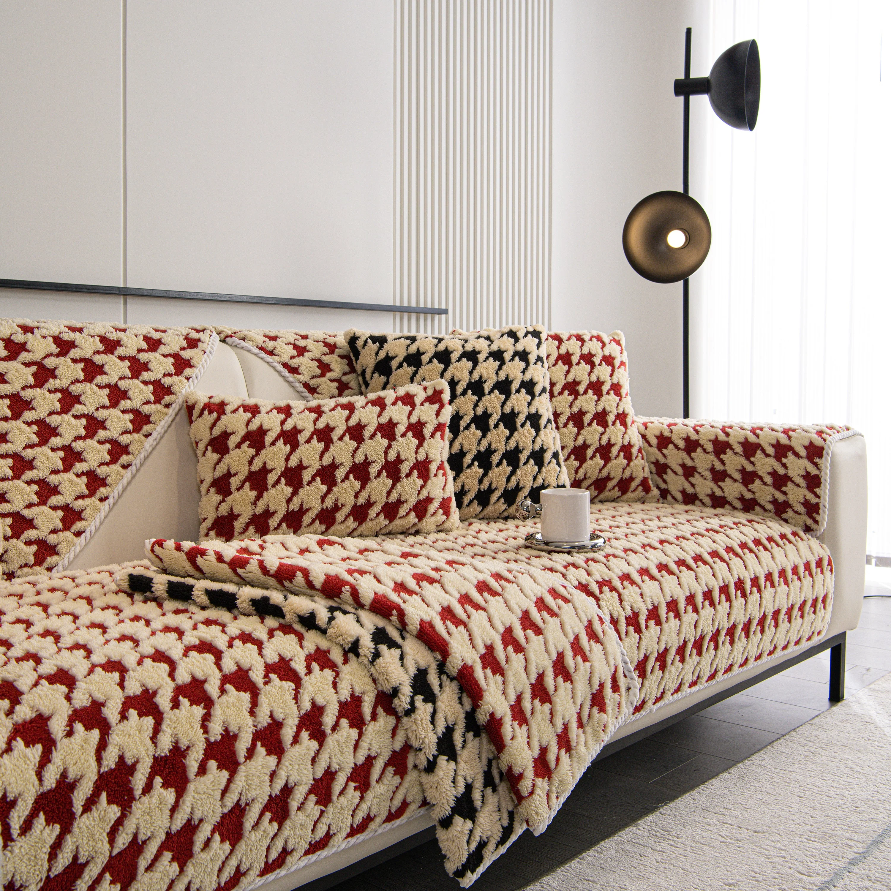 Winter Thickened Sherpa Fleece Houndstooth Sofa Cushion, Non-slip Sofa Cover with Plush - Image 28
