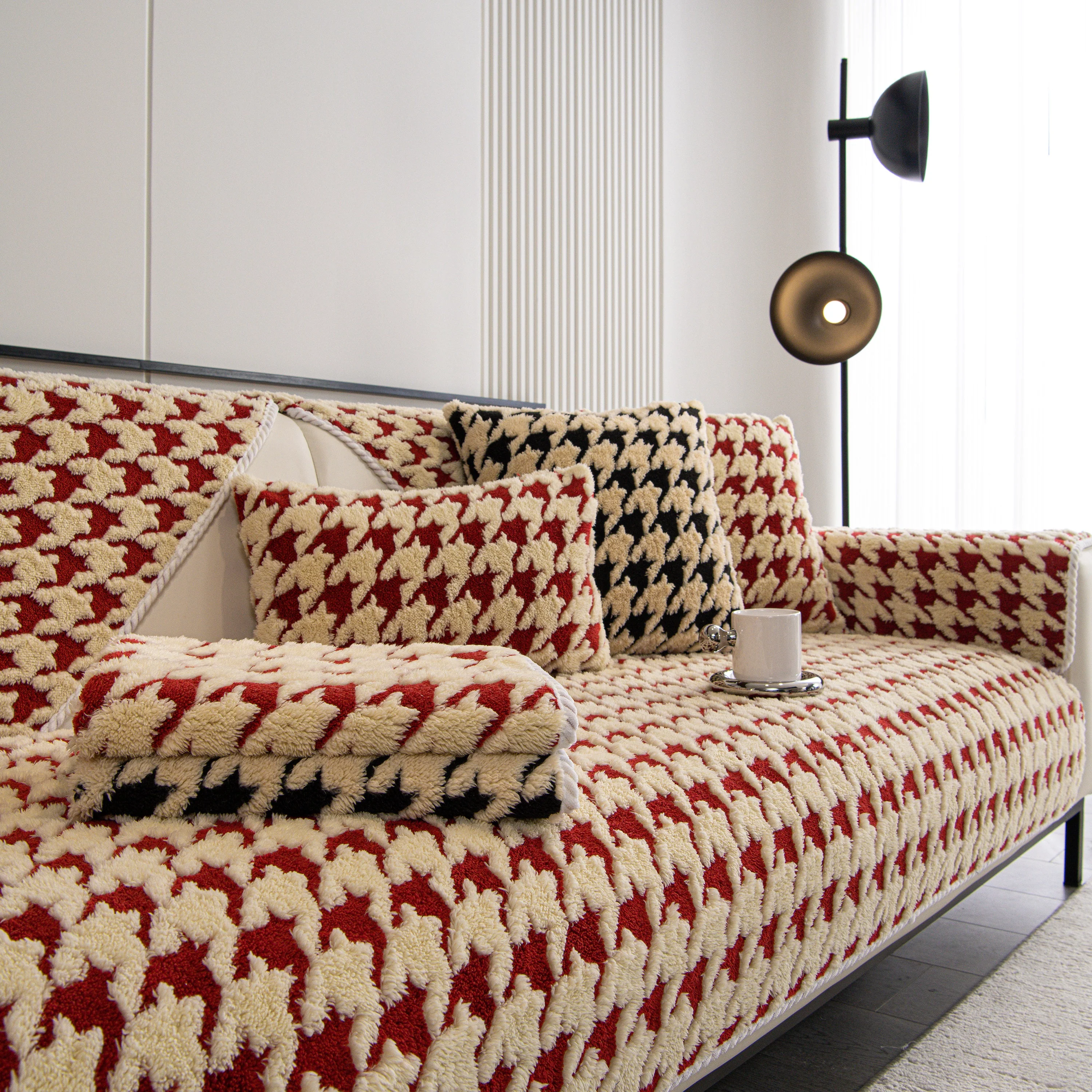 Winter Thickened Sherpa Fleece Houndstooth Sofa Cushion, Non-slip Sofa Cover with Plush - Image 29