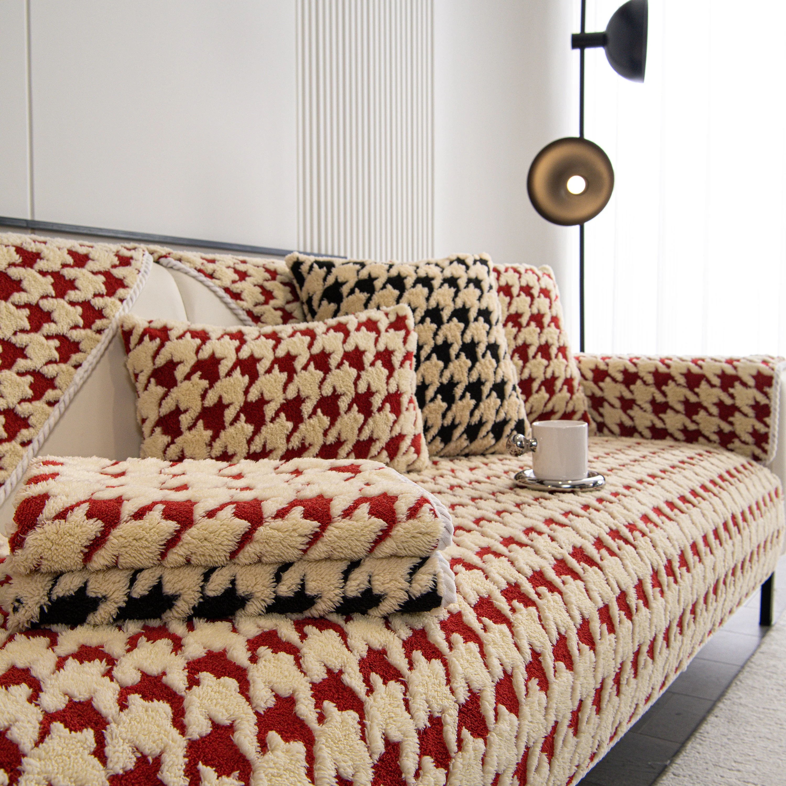 Winter Thickened Sherpa Fleece Houndstooth Sofa Cushion, Non-slip Sofa Cover with Plush - Image 30