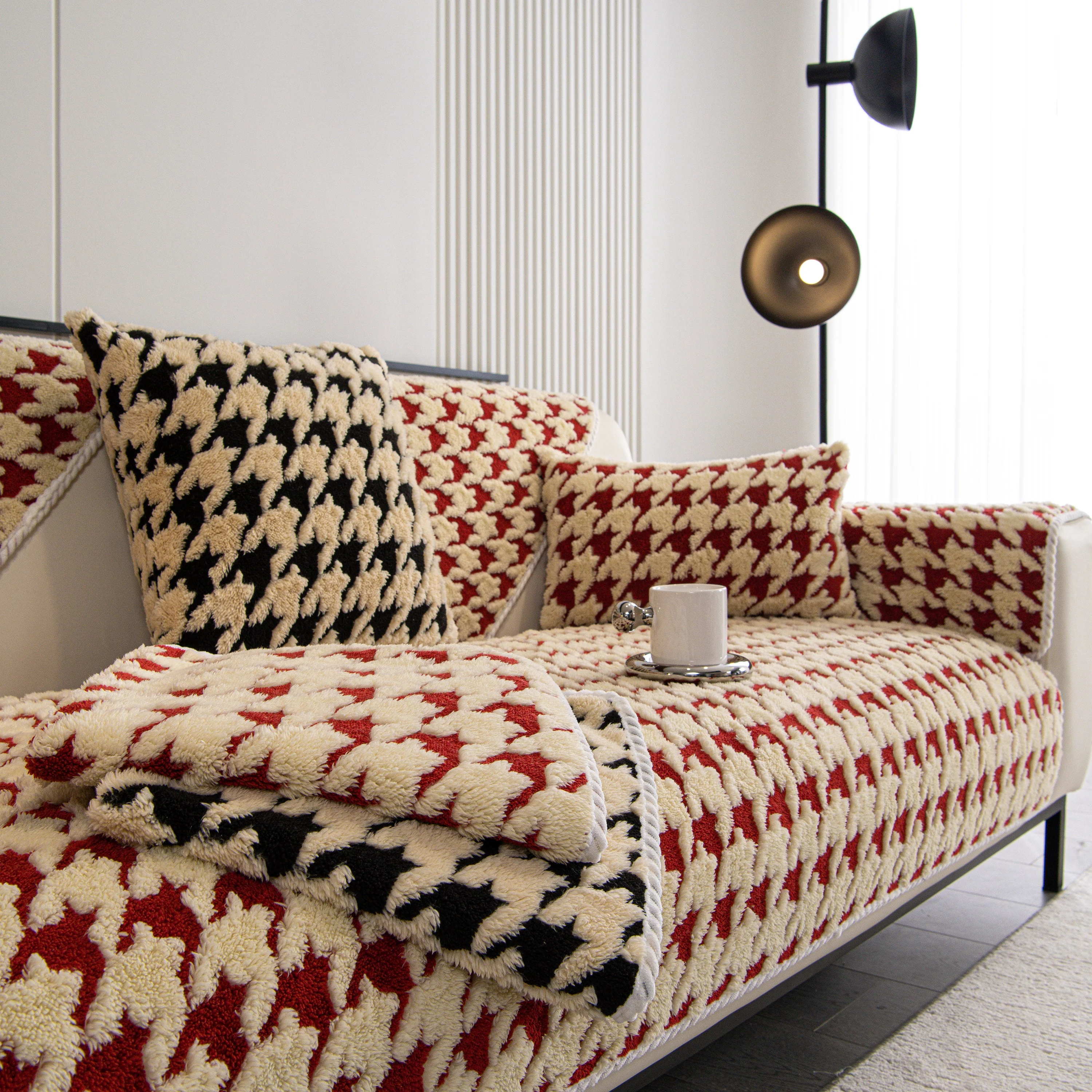 Winter Thickened Sherpa Fleece Houndstooth Sofa Cushion, Non-slip Sofa Cover with Plush - Image 31