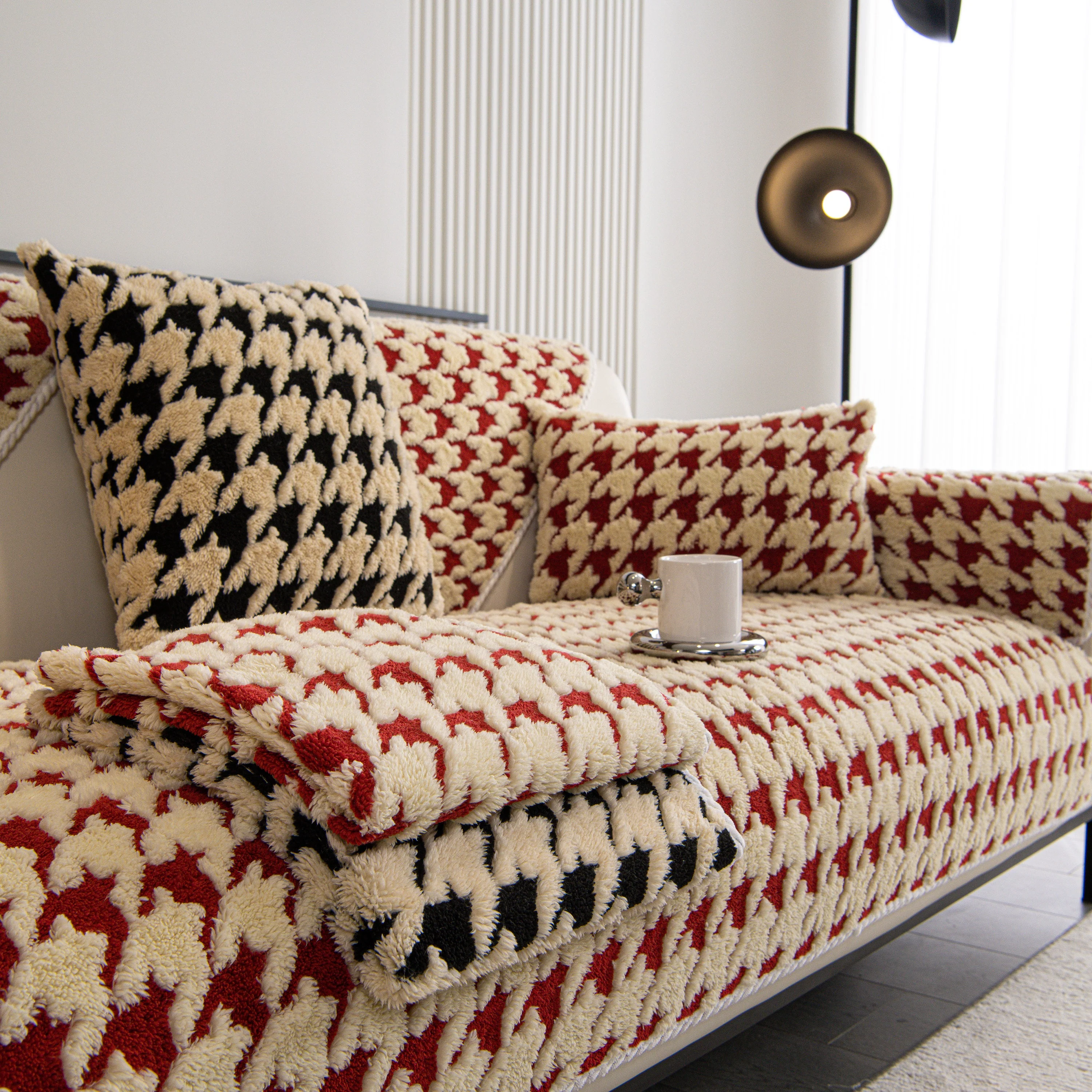 Winter Thickened Sherpa Fleece Houndstooth Sofa Cushion, Non-slip Sofa Cover with Plush - Image 32