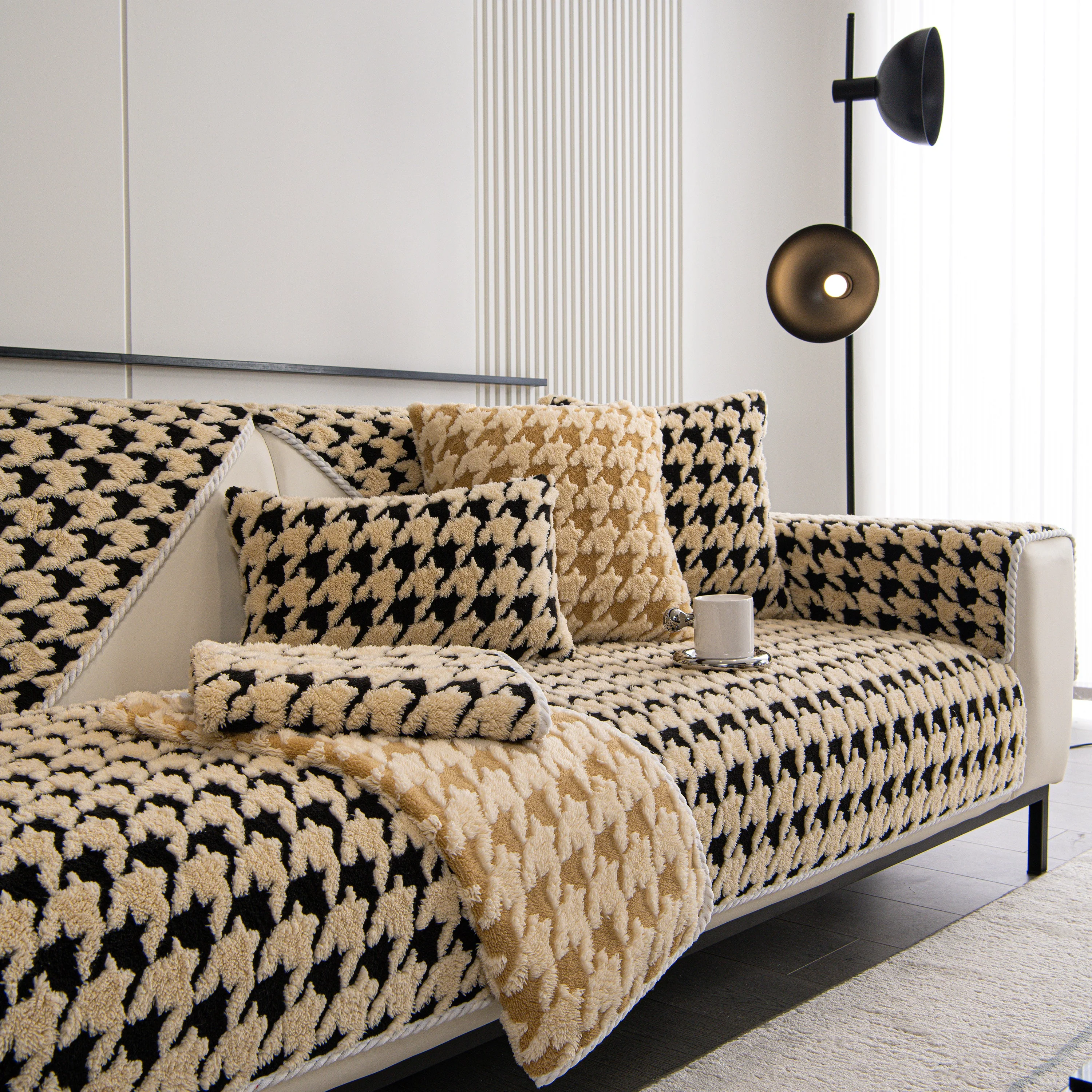 Winter Thickened Sherpa Fleece Houndstooth Sofa Cushion, Non-slip Sofa Cover with Plush - Image 33