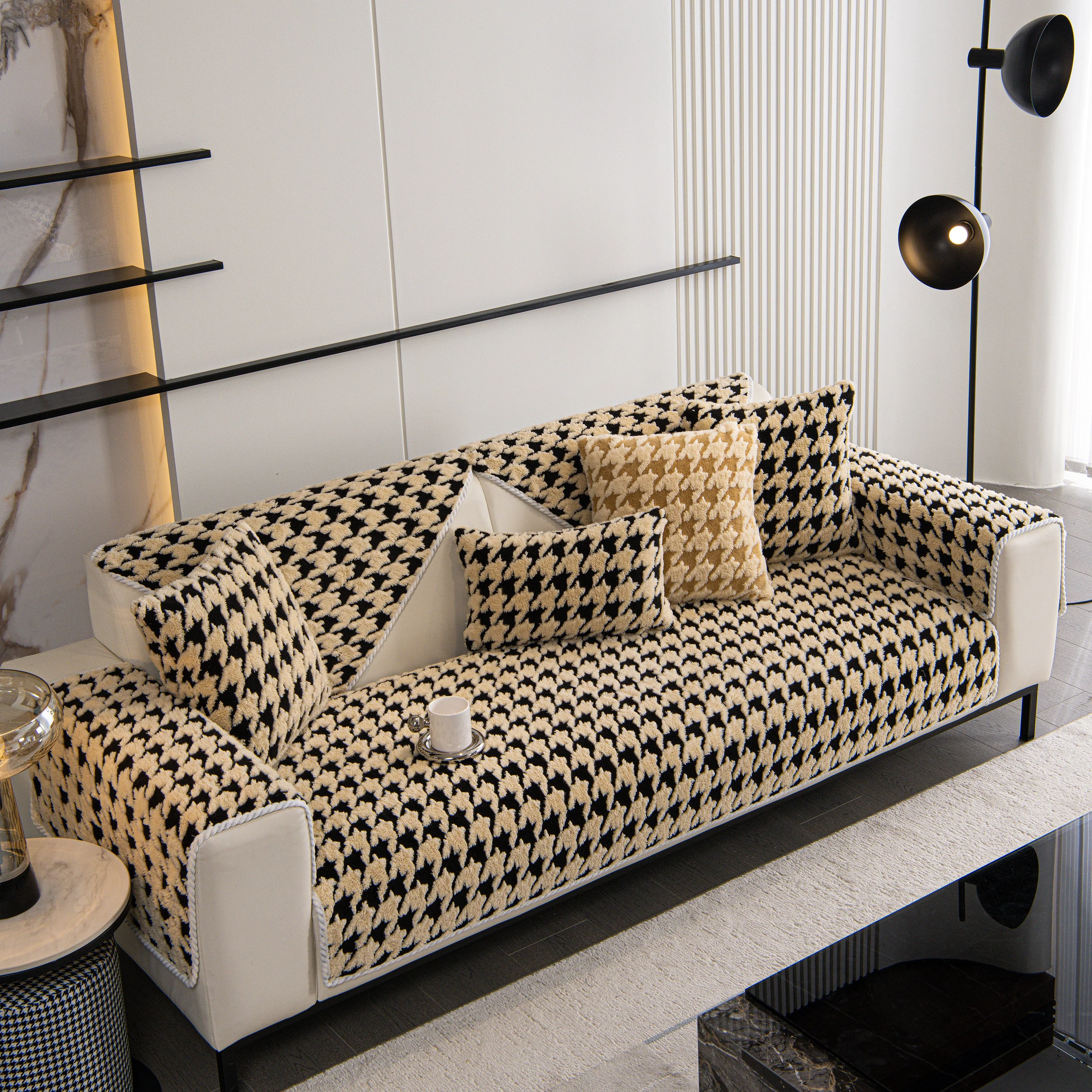 Winter Thickened Sherpa Fleece Houndstooth Sofa Cushion, Non-slip Sofa Cover with Plush - Image 40