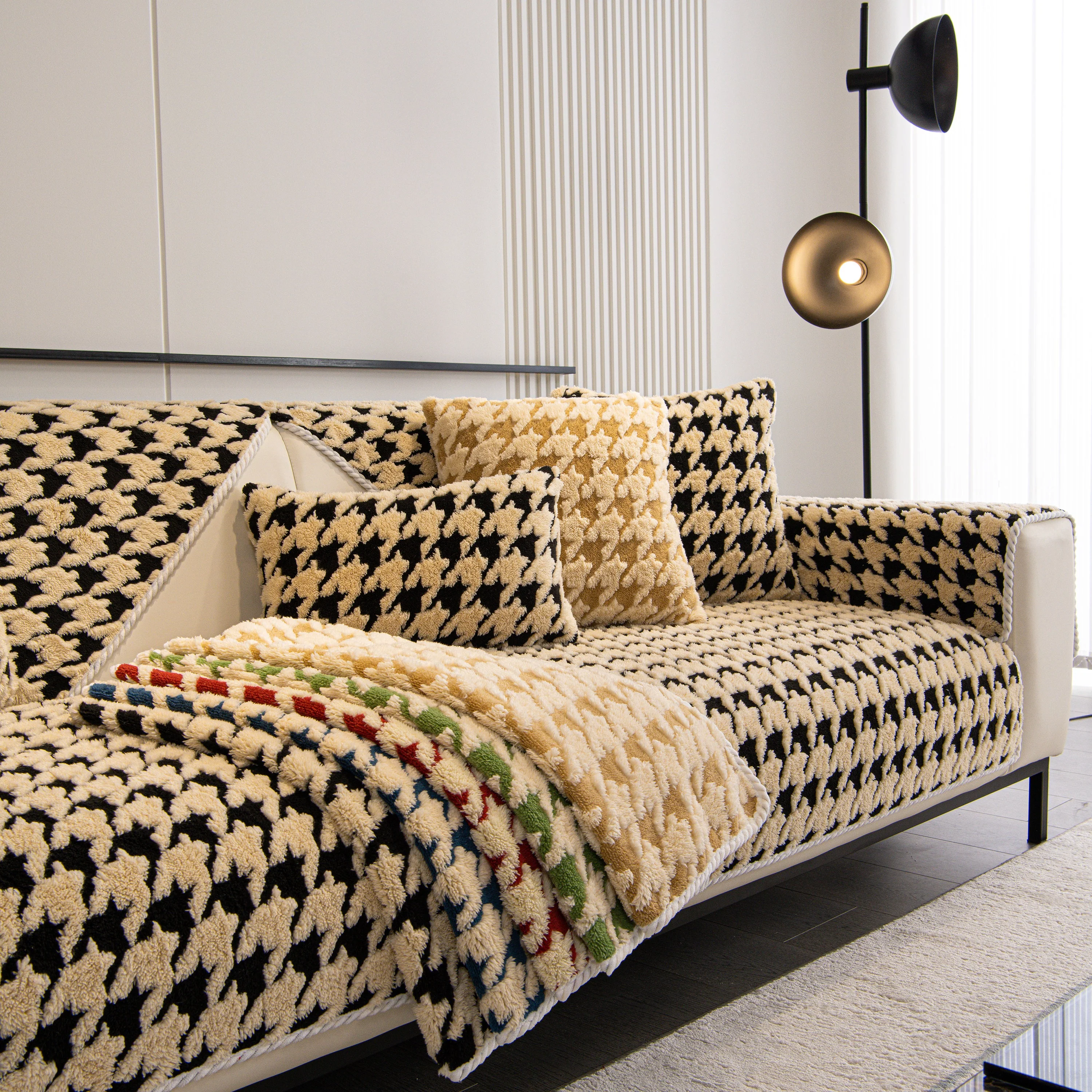 Winter Thickened Sherpa Fleece Houndstooth Sofa Cushion, Non-slip Sofa Cover with Plush - Image 52