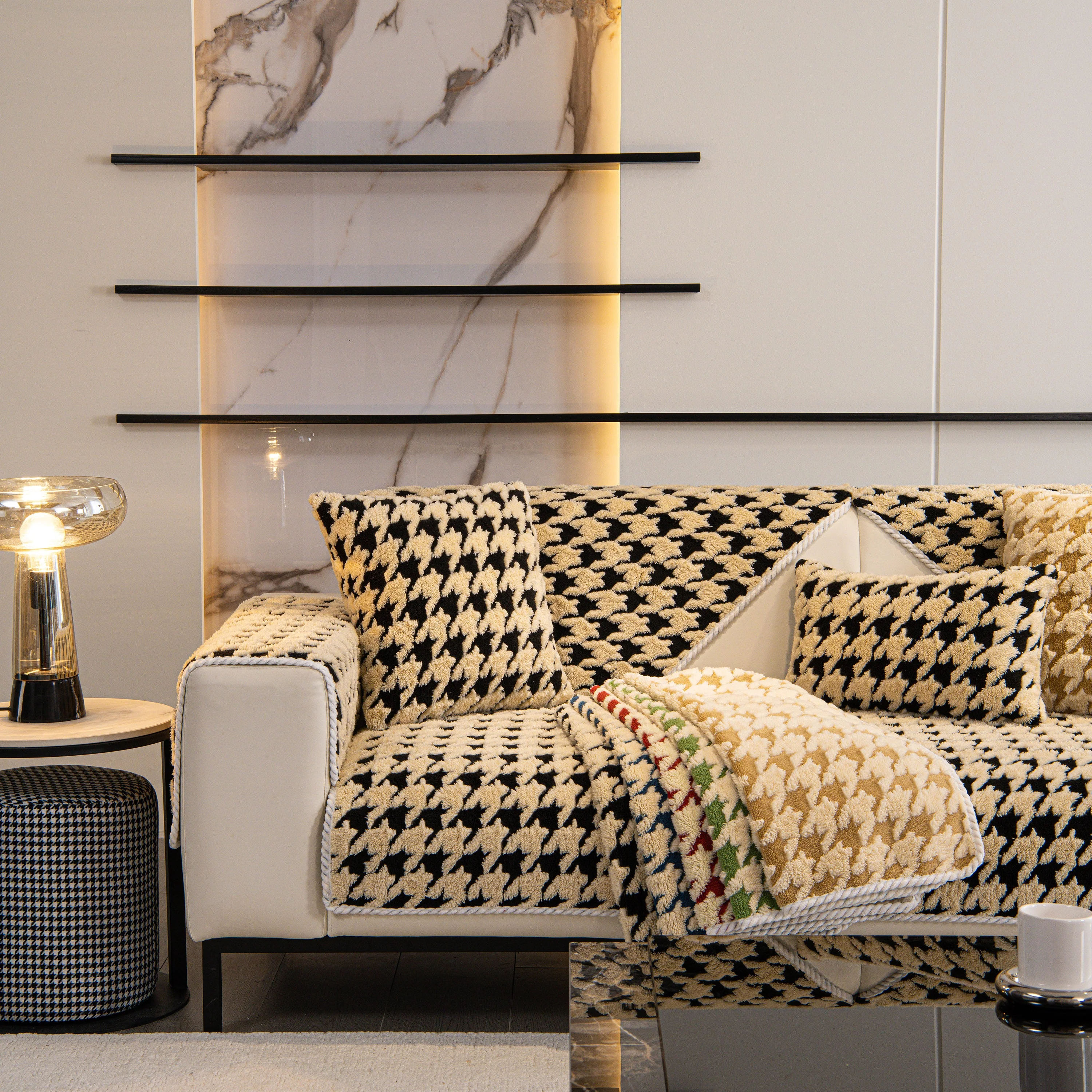 Winter Thickened Sherpa Fleece Houndstooth Sofa Cushion, Non-slip Sofa Cover with Plush - Image 53