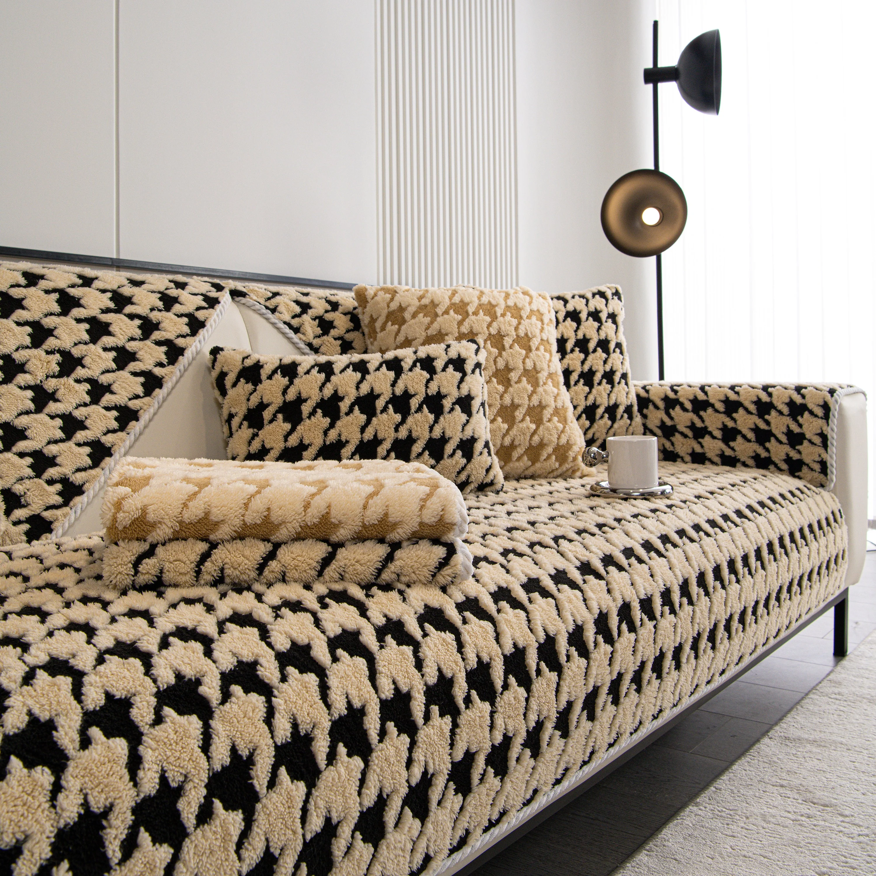 Winter Thickened Sherpa Fleece Houndstooth Sofa Cushion, Non-slip Sofa Cover with Plush - Image 55