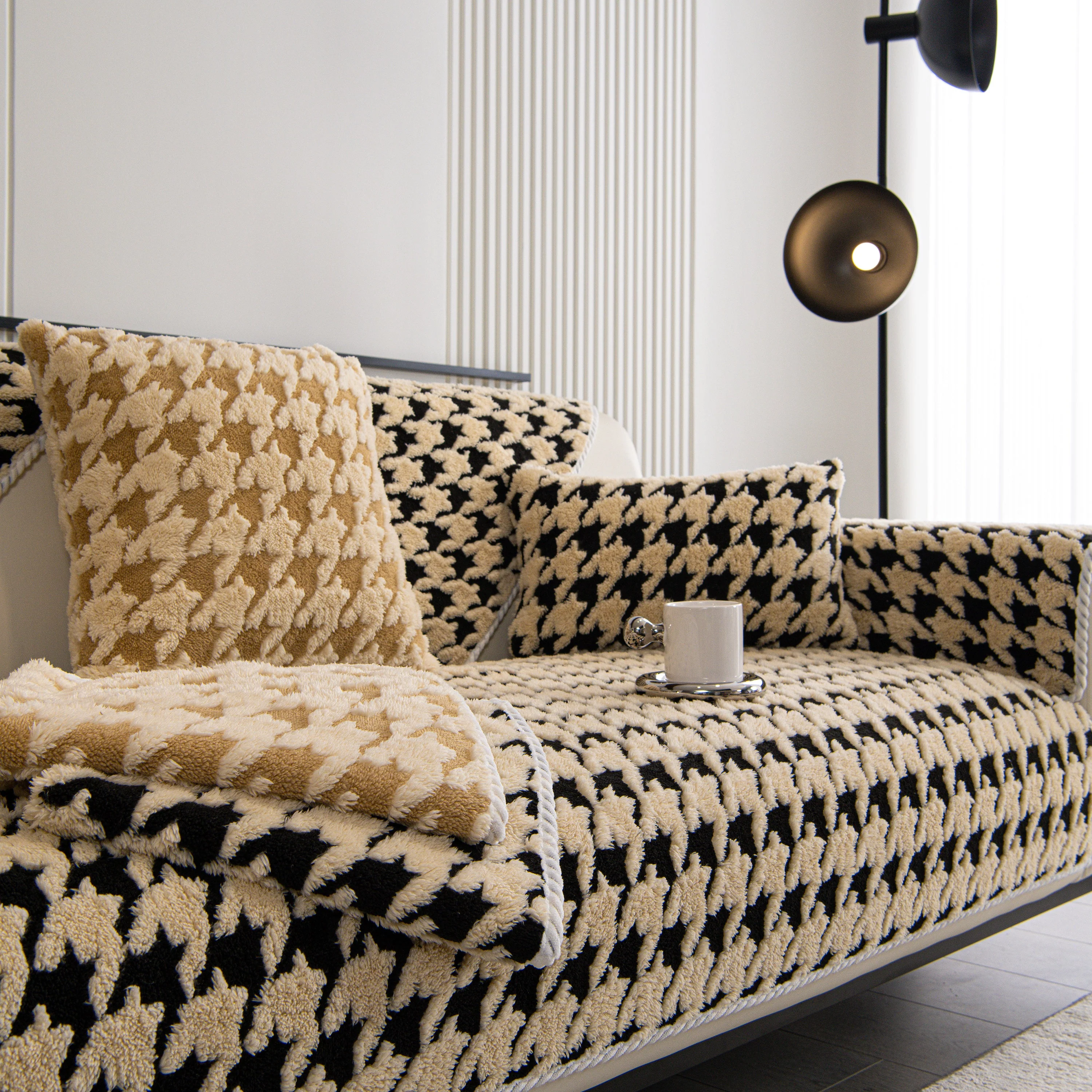 Winter Thickened Sherpa Fleece Houndstooth Sofa Cushion, Non-slip Sofa Cover with Plush - Image 56