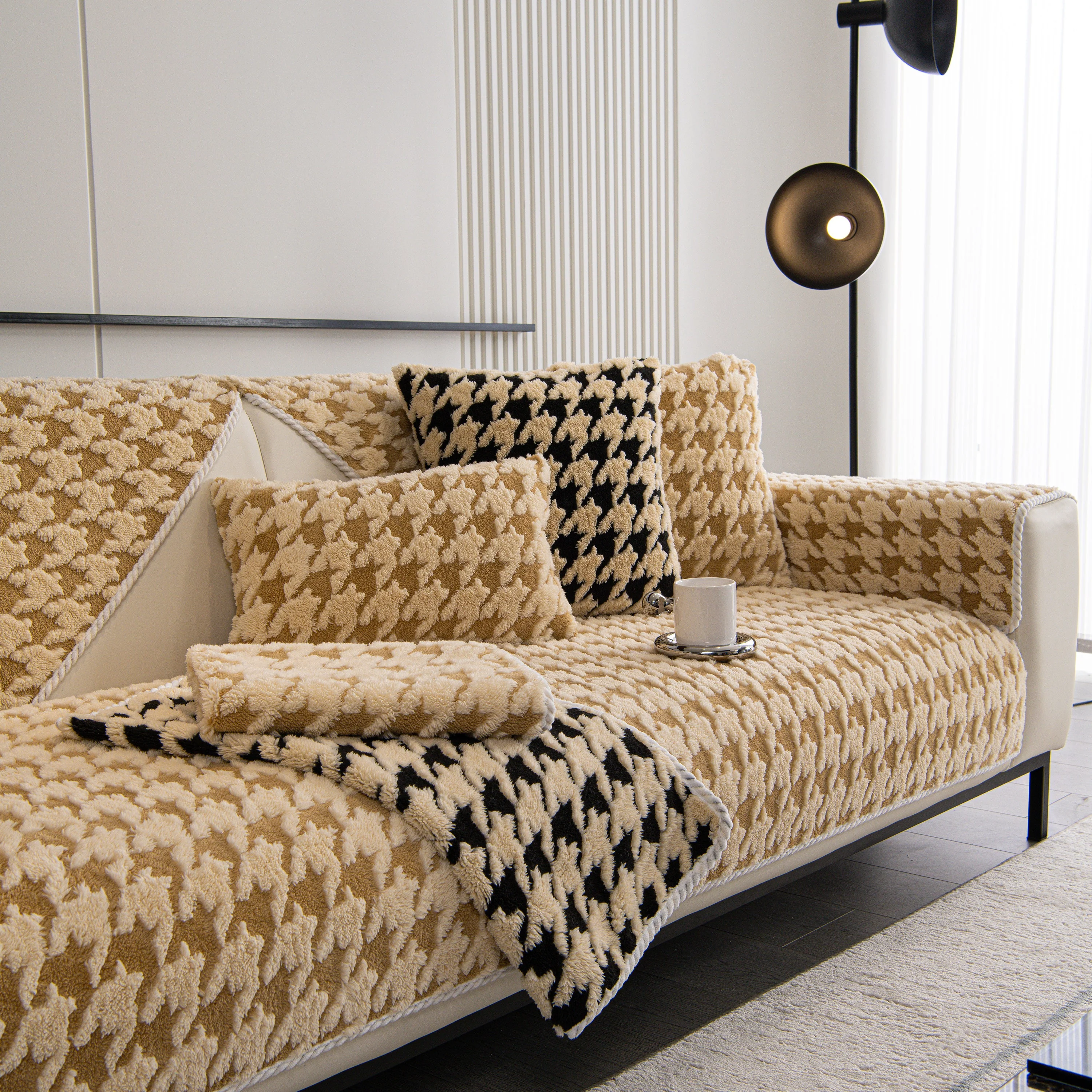 Winter Thickened Sherpa Fleece Houndstooth Sofa Cushion, Non-slip Sofa Cover with Plush - Image 66