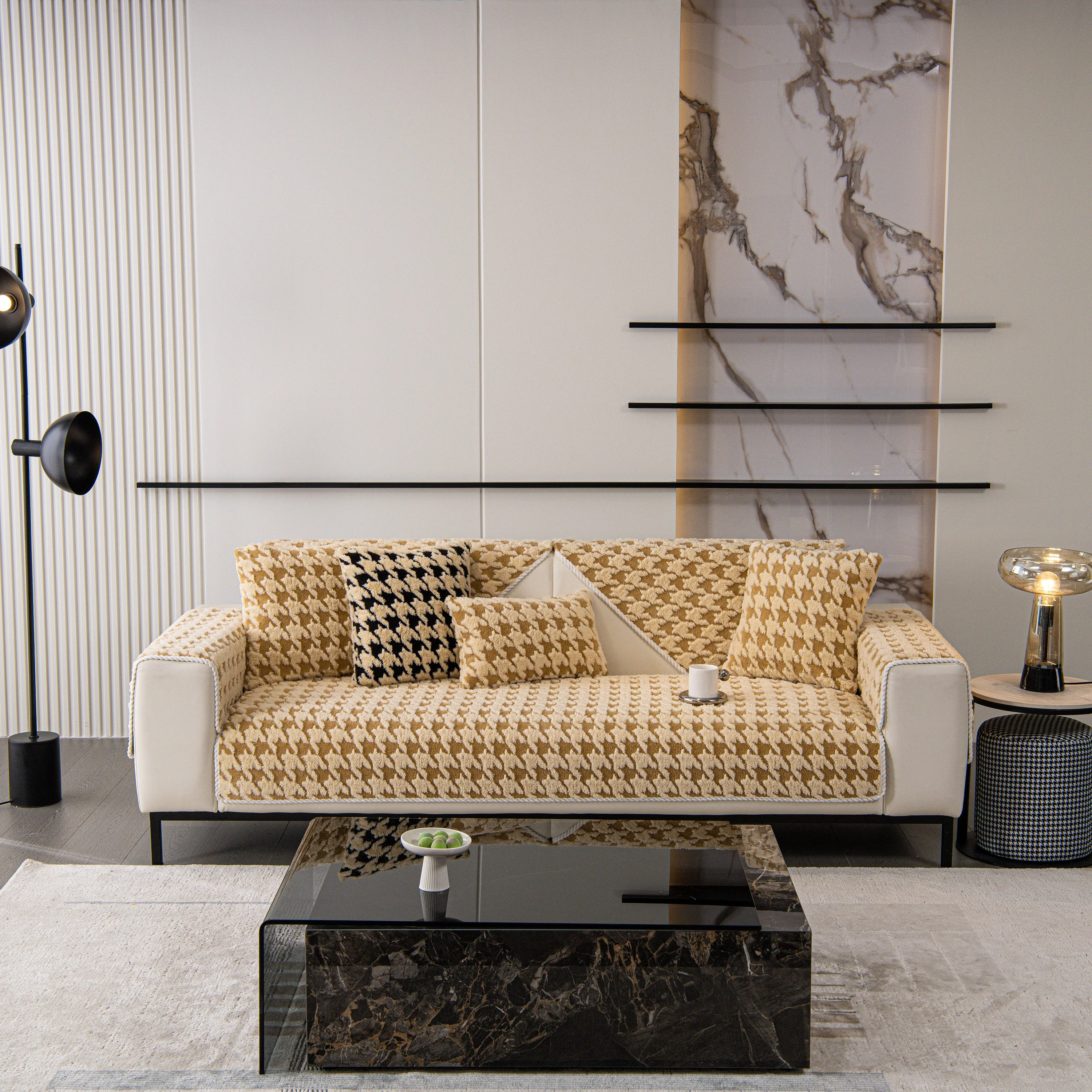 Winter Thickened Sherpa Fleece Houndstooth Sofa Cushion, Non-slip Sofa Cover with Plush - Image 69