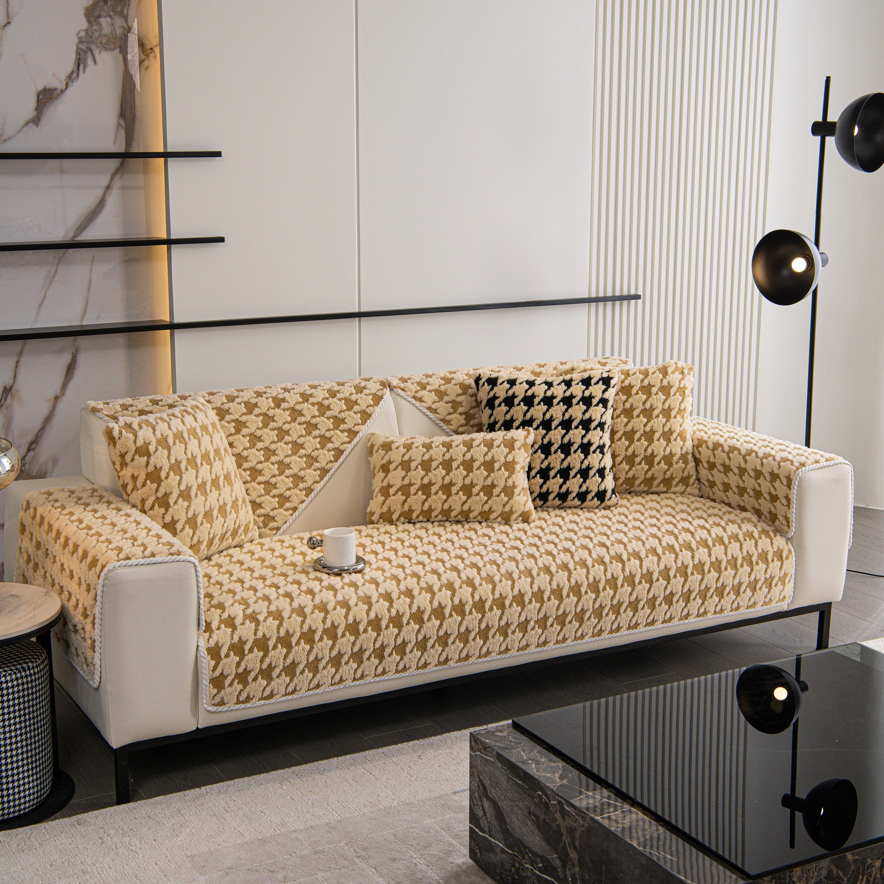 Winter Thickened Sherpa Fleece Houndstooth Sofa Cushion, Non-slip Sofa Cover with Plush - Image 72