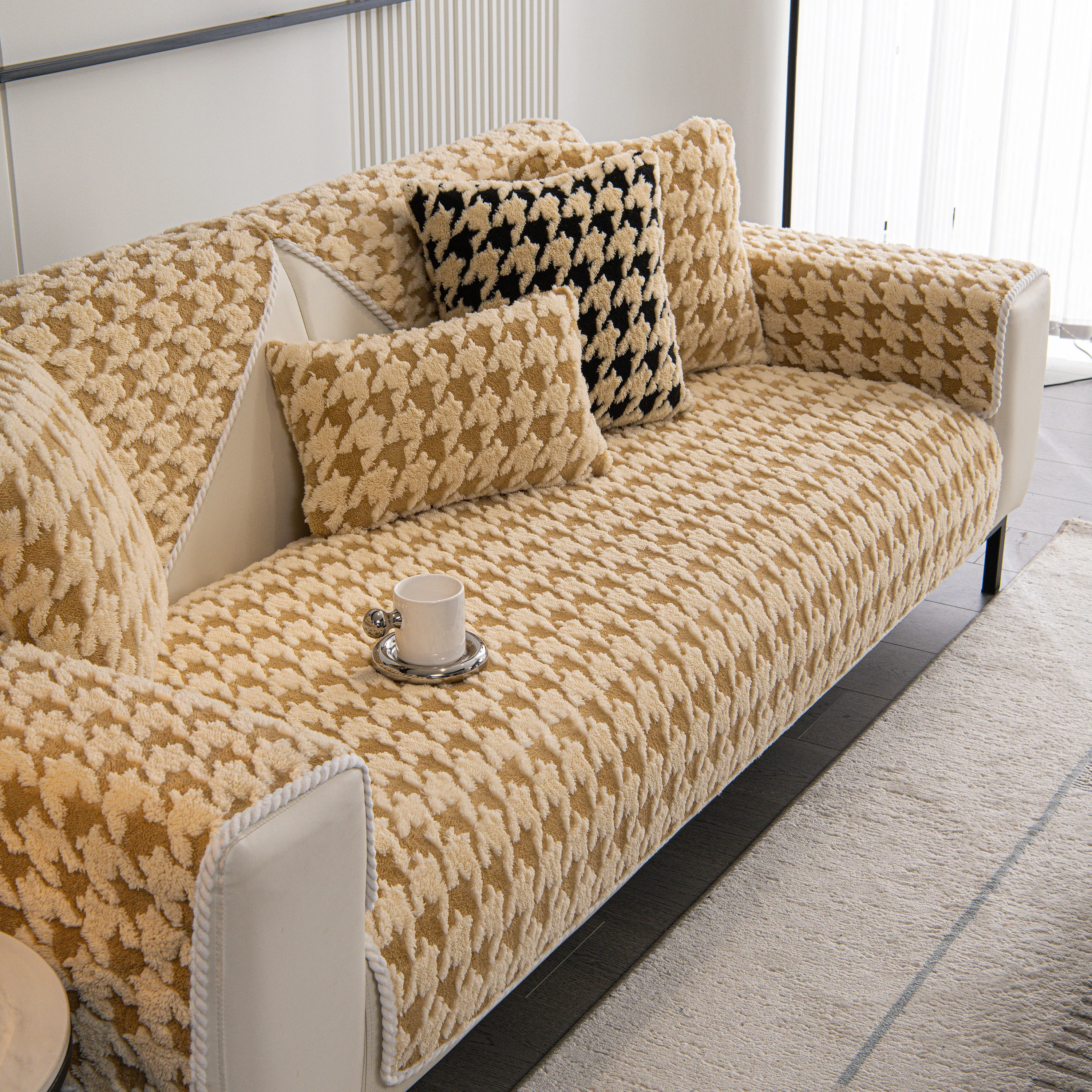 Winter Thickened Sherpa Fleece Houndstooth Sofa Cushion, Non-slip Sofa Cover with Plush - Image 75