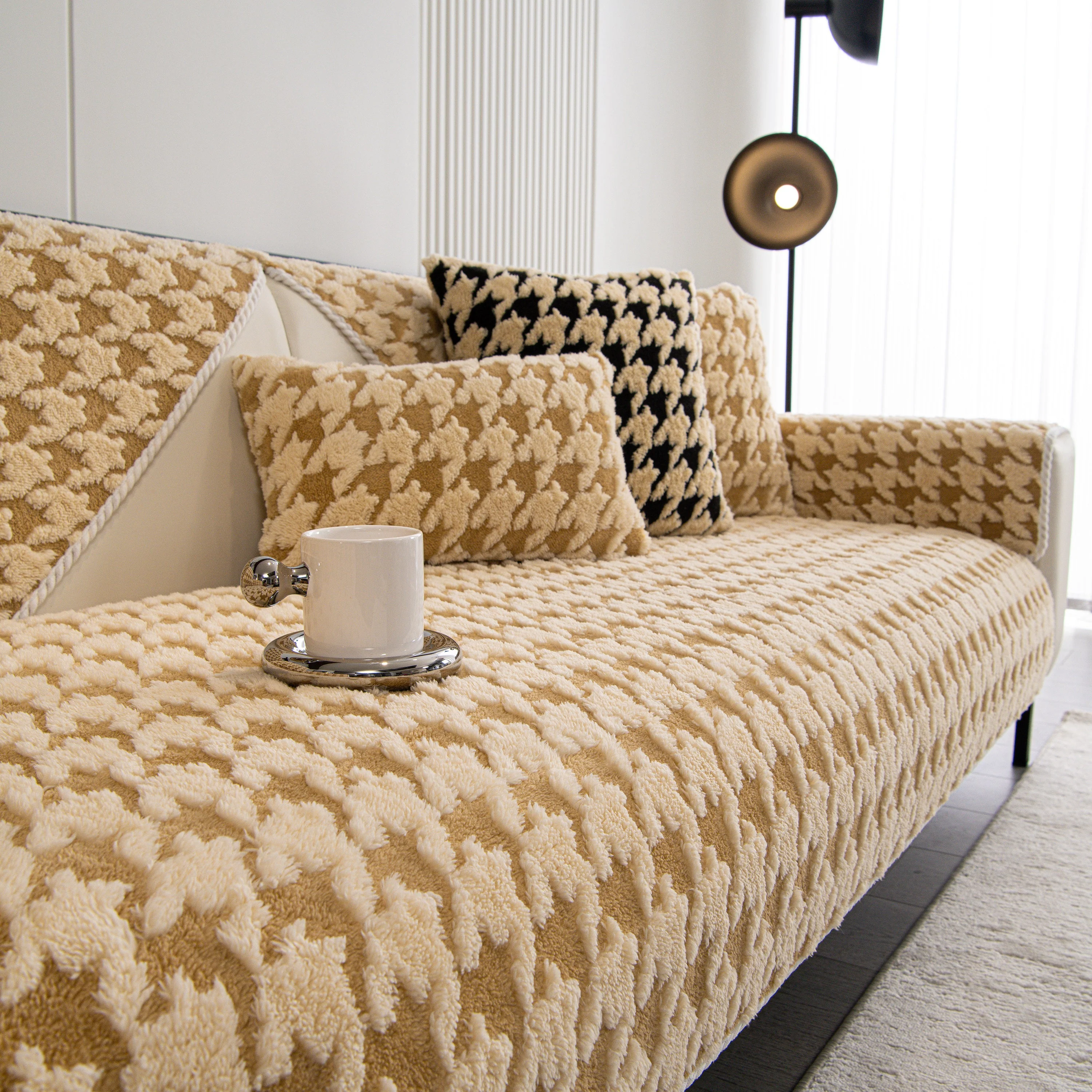 Winter Thickened Sherpa Fleece Houndstooth Sofa Cushion, Non-slip Sofa Cover with Plush - Image 81