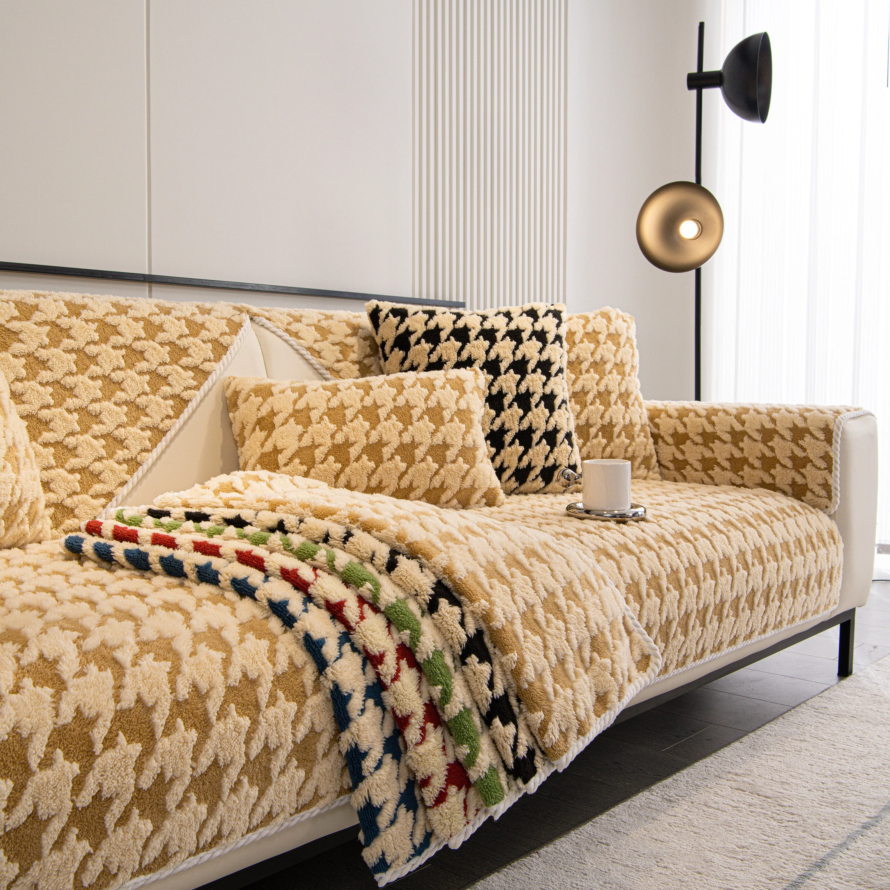Winter Thickened Sherpa Fleece Houndstooth Sofa Cushion, Non-slip Sofa Cover with Plush - Image 84