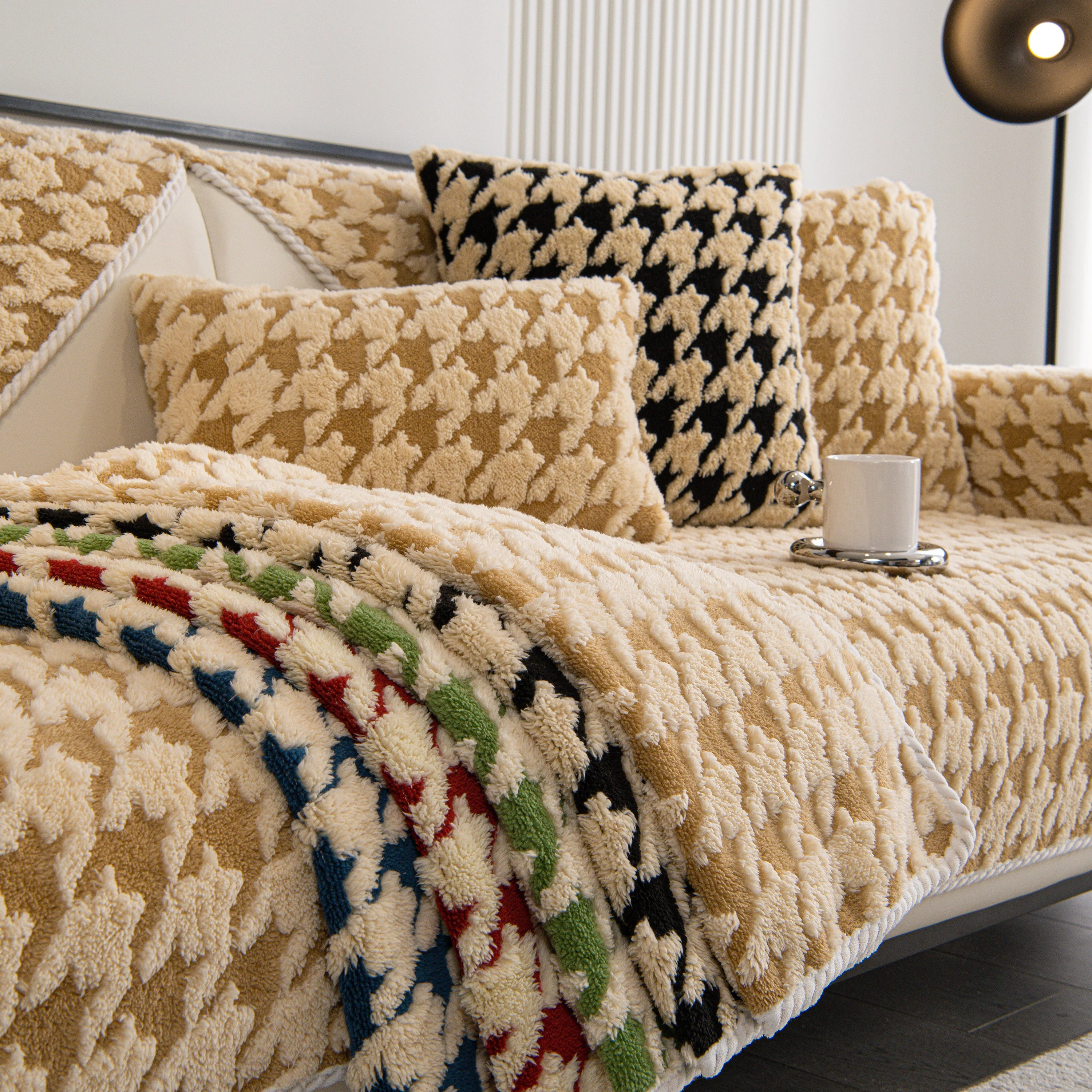 Winter Thickened Sherpa Fleece Houndstooth Sofa Cushion, Non-slip Sofa Cover with Plush - Image 85