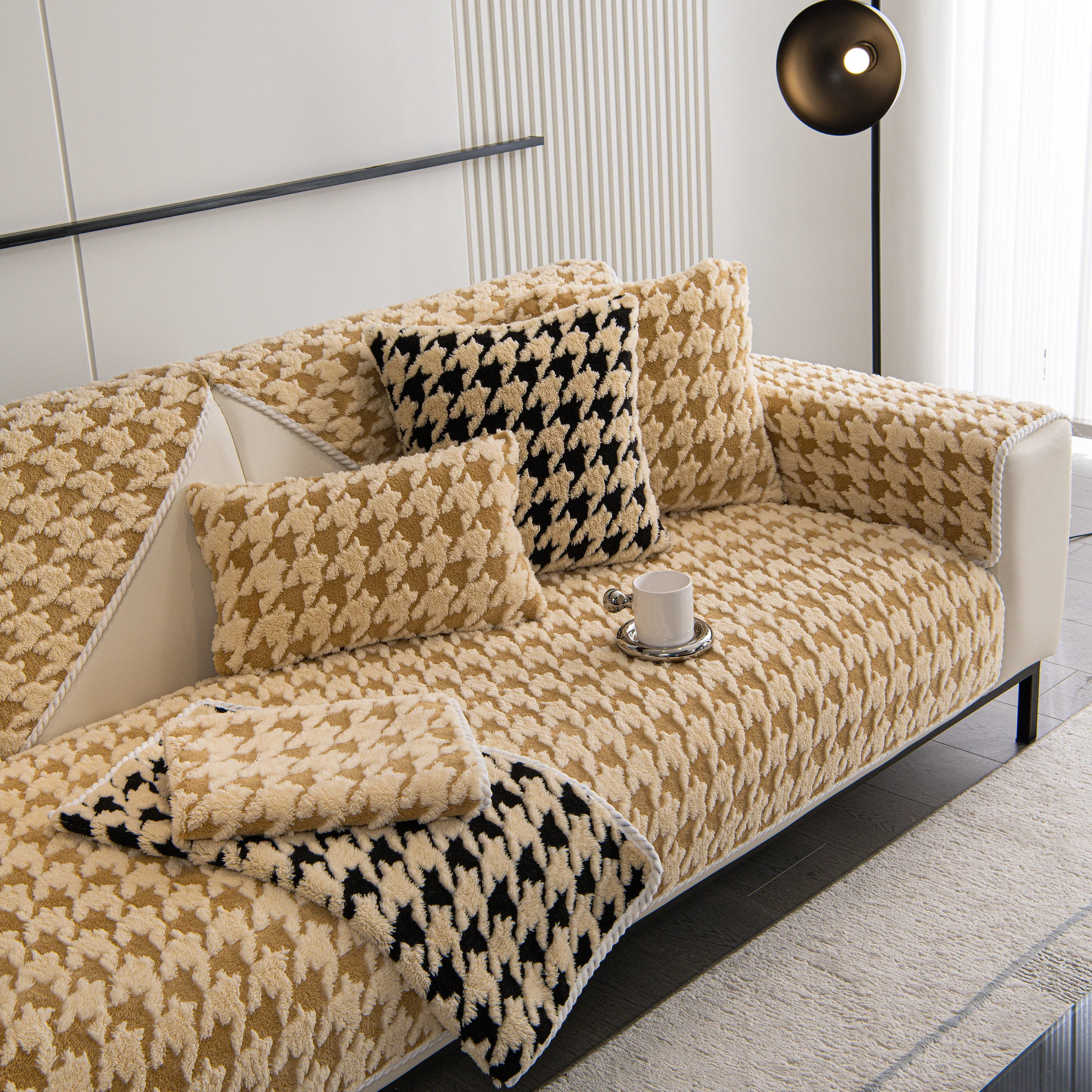 Winter Thickened Sherpa Fleece Houndstooth Sofa Cushion, Non-slip Sofa Cover with Plush - Image 88