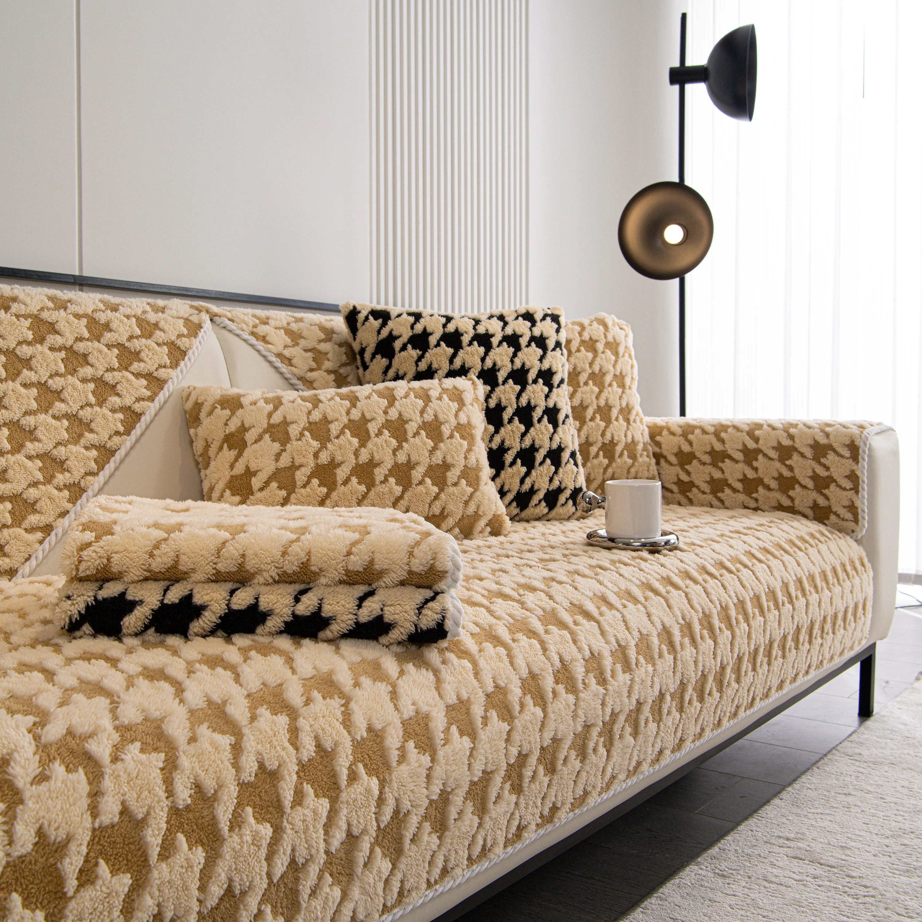 Winter Thickened Sherpa Fleece Houndstooth Sofa Cushion, Non-slip Sofa Cover with Plush - Image 89