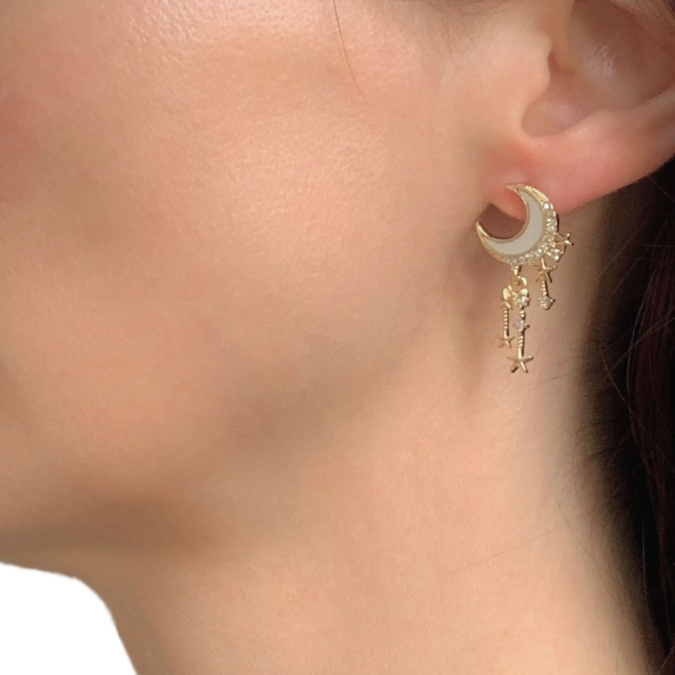Witchy Moon Earrings | Gold Ivory Crescent and Star Drop Earrings - Image 2