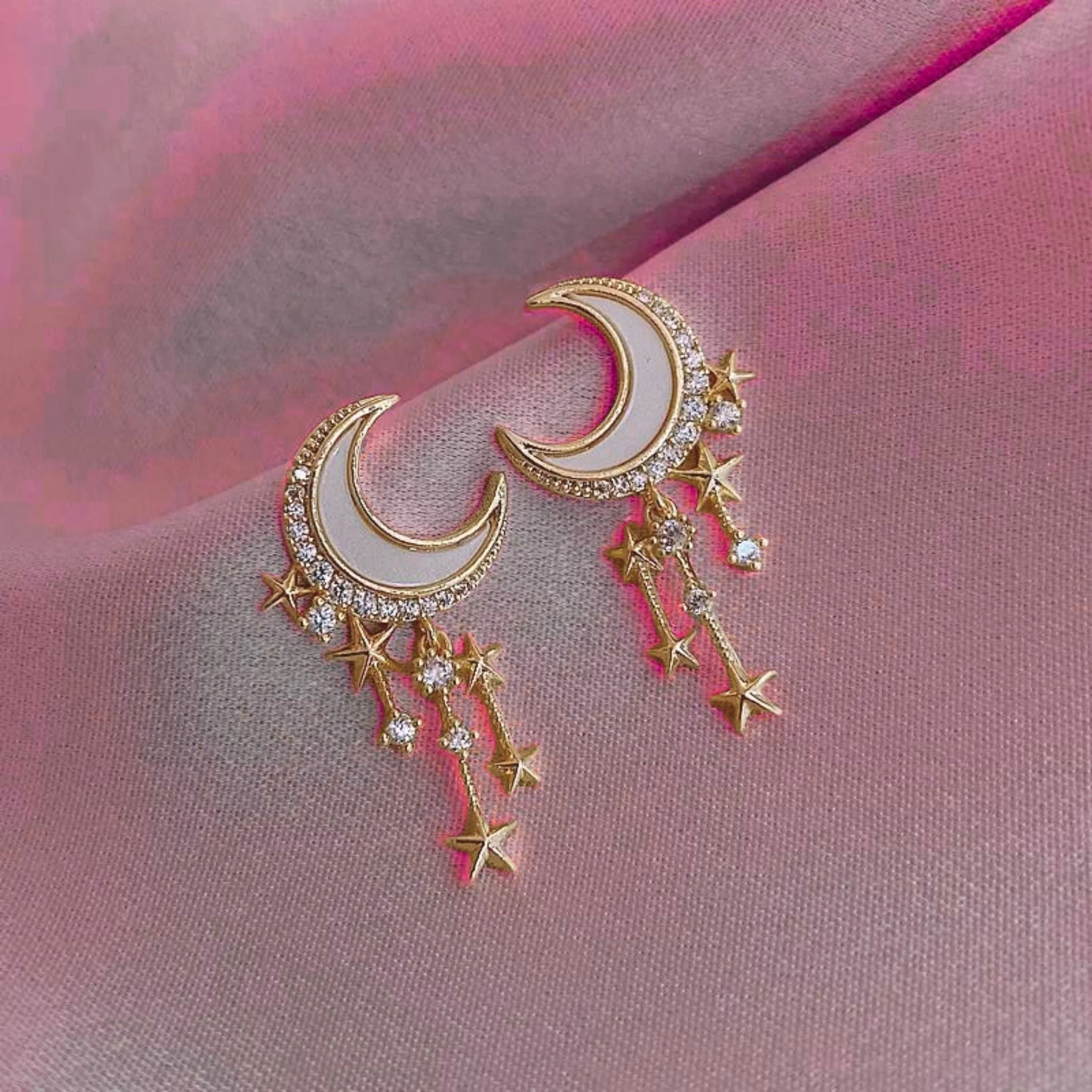 Witchy Moon Earrings | Gold Ivory Crescent and Star Drop Earrings - Image 3