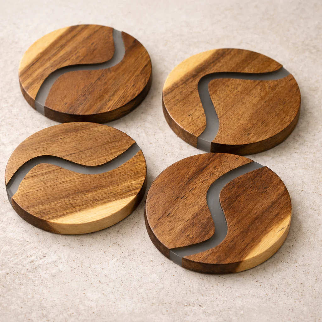 Ibiza Teak Wood & Resin Coaster Set – 4 Piece - Image 3