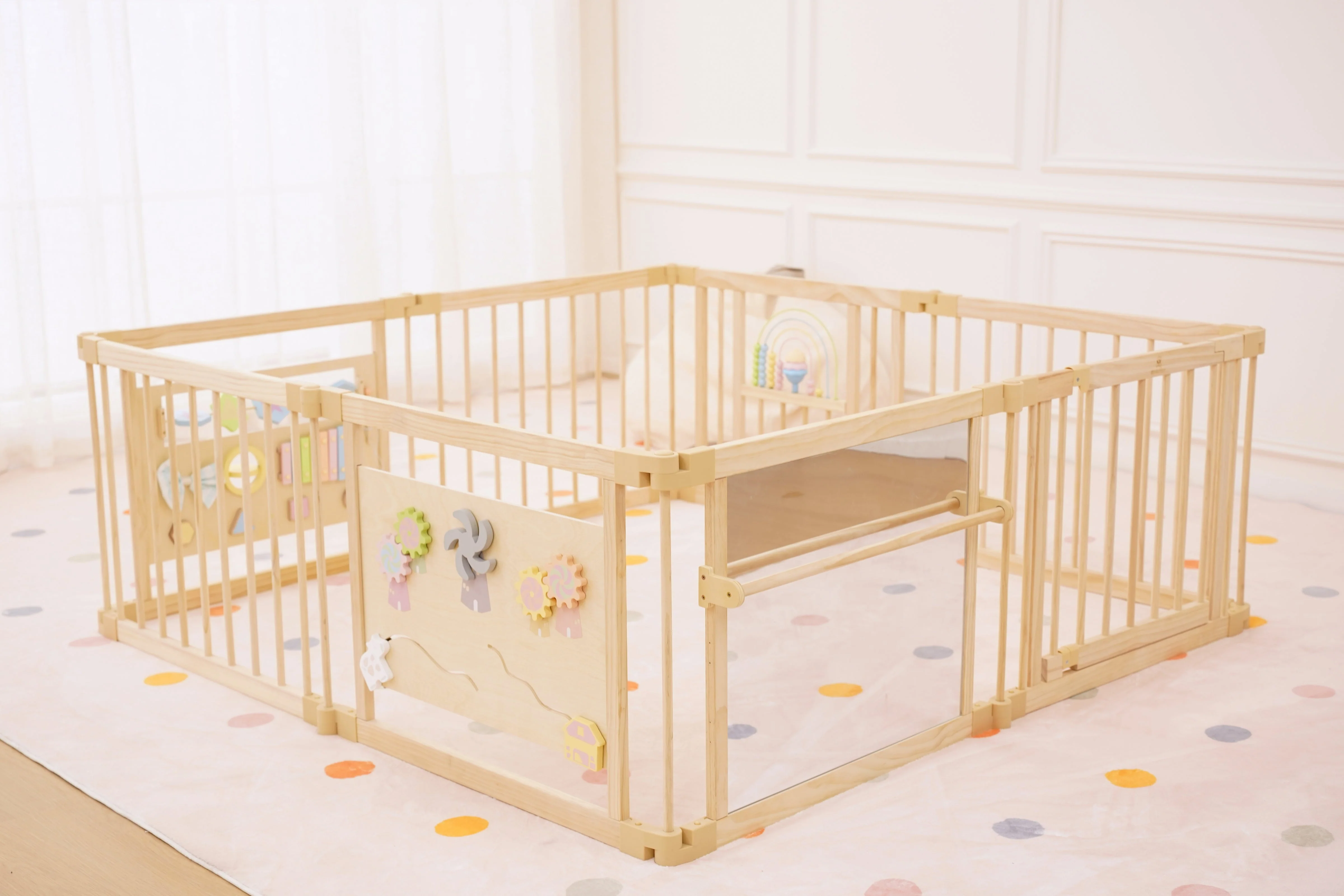 Wooden Baby Playpen with Mirror & Whiteboard Panel – Foldable 63" x 63" Montessori Sensory Play Yard - Image 10